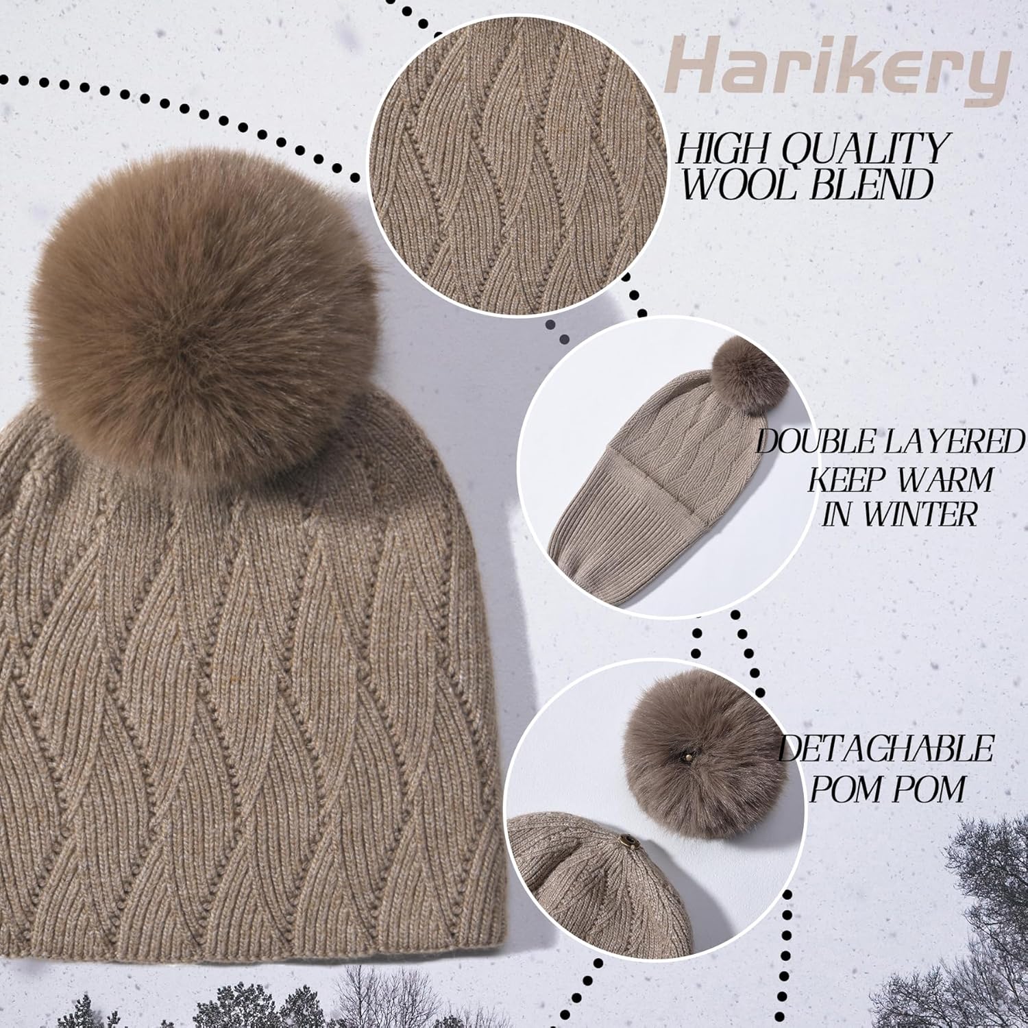 Knit Hat Scarf Set with Detachable Pom Pom, Wool Blend Winter Beanie & Long Scarf, Cold Weather Accessories for Women - Image 3