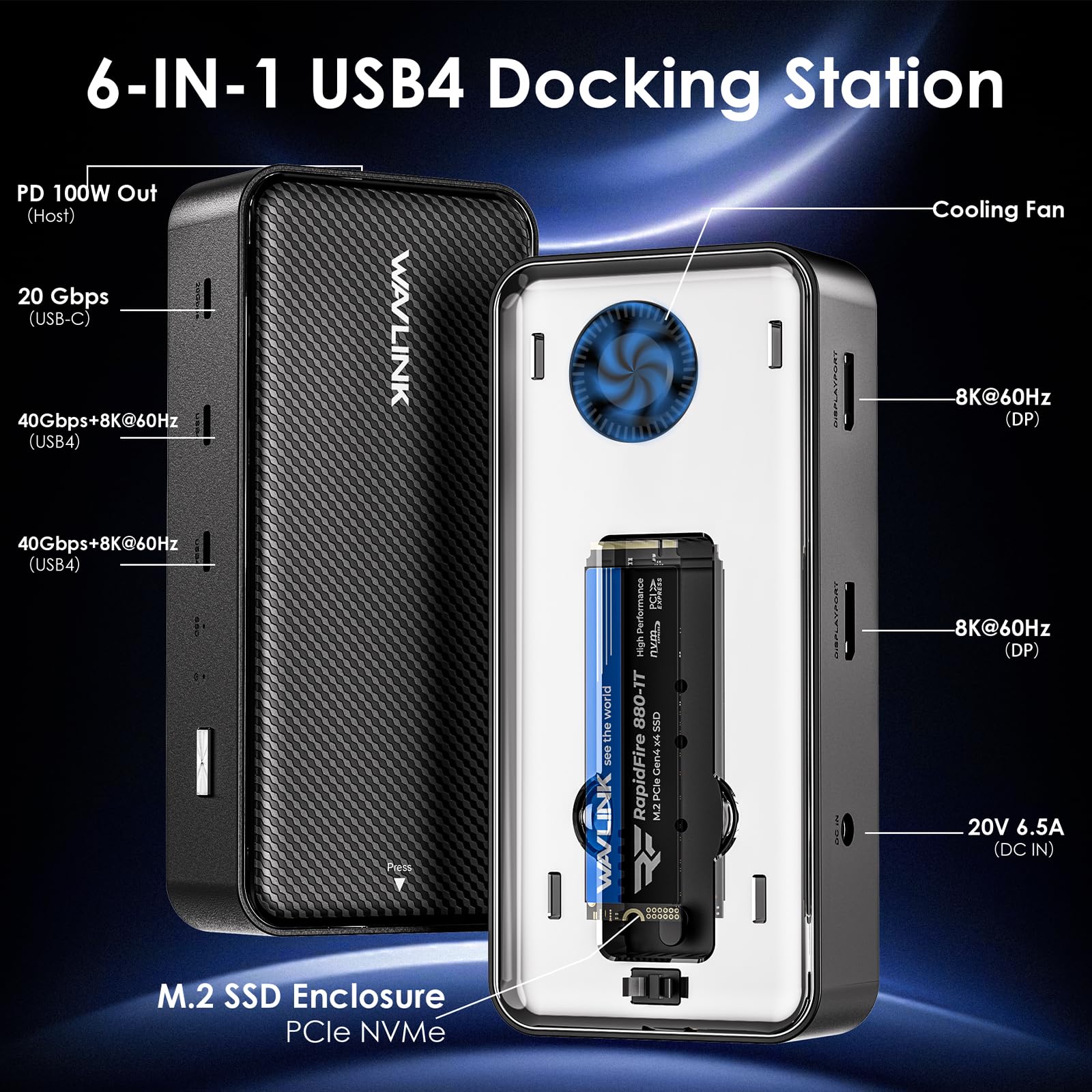 WAVLINK Stacja dokująca USB4 do profesjonalnej kreatywnej pracy, pojedynczy wyświetlacz 8K lub potrójny 4K, PD 130 W, USB4 40 Gbps, USB-C 20 Gb/s, obudowa SSD NVMe M.2 20 Gb/s z wentylatorem