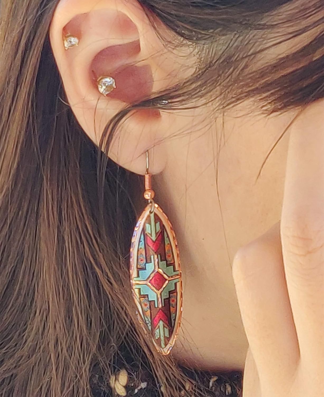 FRONT LINE JEWELRY Artisan Copper Native Earrings – Elliptical Cut-Out Elongated Teardrop Design with Turtle, Dragonfly, Butterfly, Bear, Hummingbird, Maple Leaf, Flower, Horse & Haida-Inspired Motifs