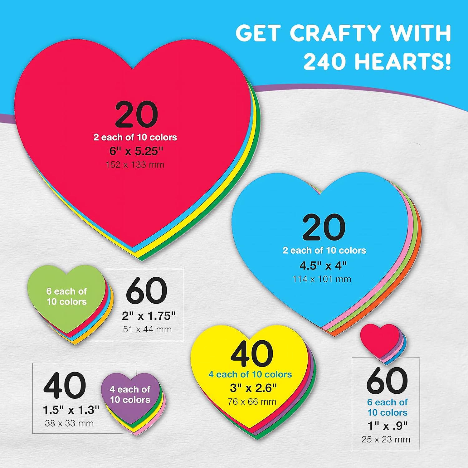 Heart Cutouts, 10 Vibrant Colors, 6 Sizes, 240 Piece, Bulletin Board Decor