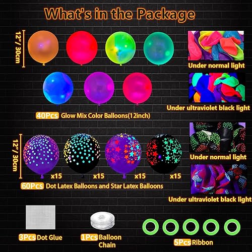 Miniatura 2 de Paquete de 109 globos de neón UV que brillan en la oscuridad, globos de látex reactivos de lunares, luces negras, globos de estrellas fluorescentes