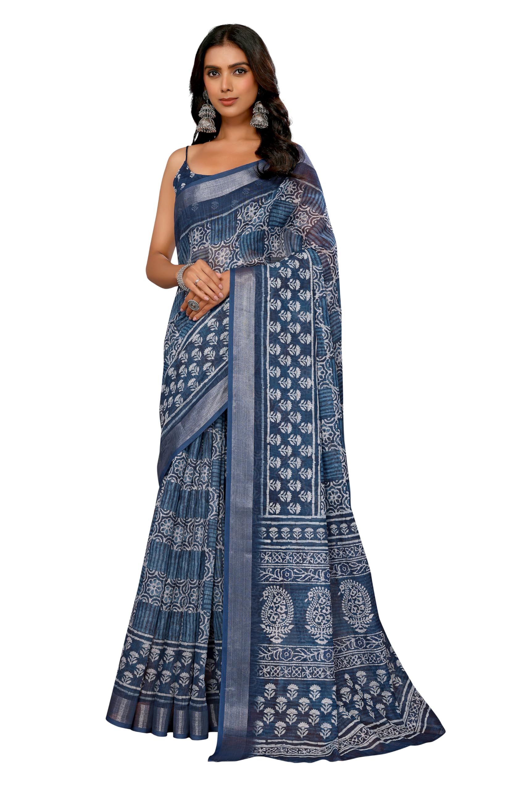 Janasya Women's Linen Blend Floral Printed Saree with Blouse Piece
