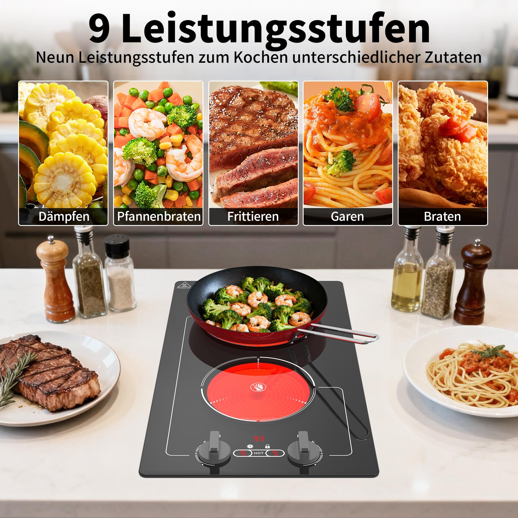 VBGK Cerankochfeld 2 Platten mit Stecker, 220V 3000W Glaskeramikkochfeld, 9 Leistungsstufen, Kindersicherung & Timer, Überhitzungsschutz, Drehknopf und Touch-Bedienung, Herdplatte 2 Kochfelder