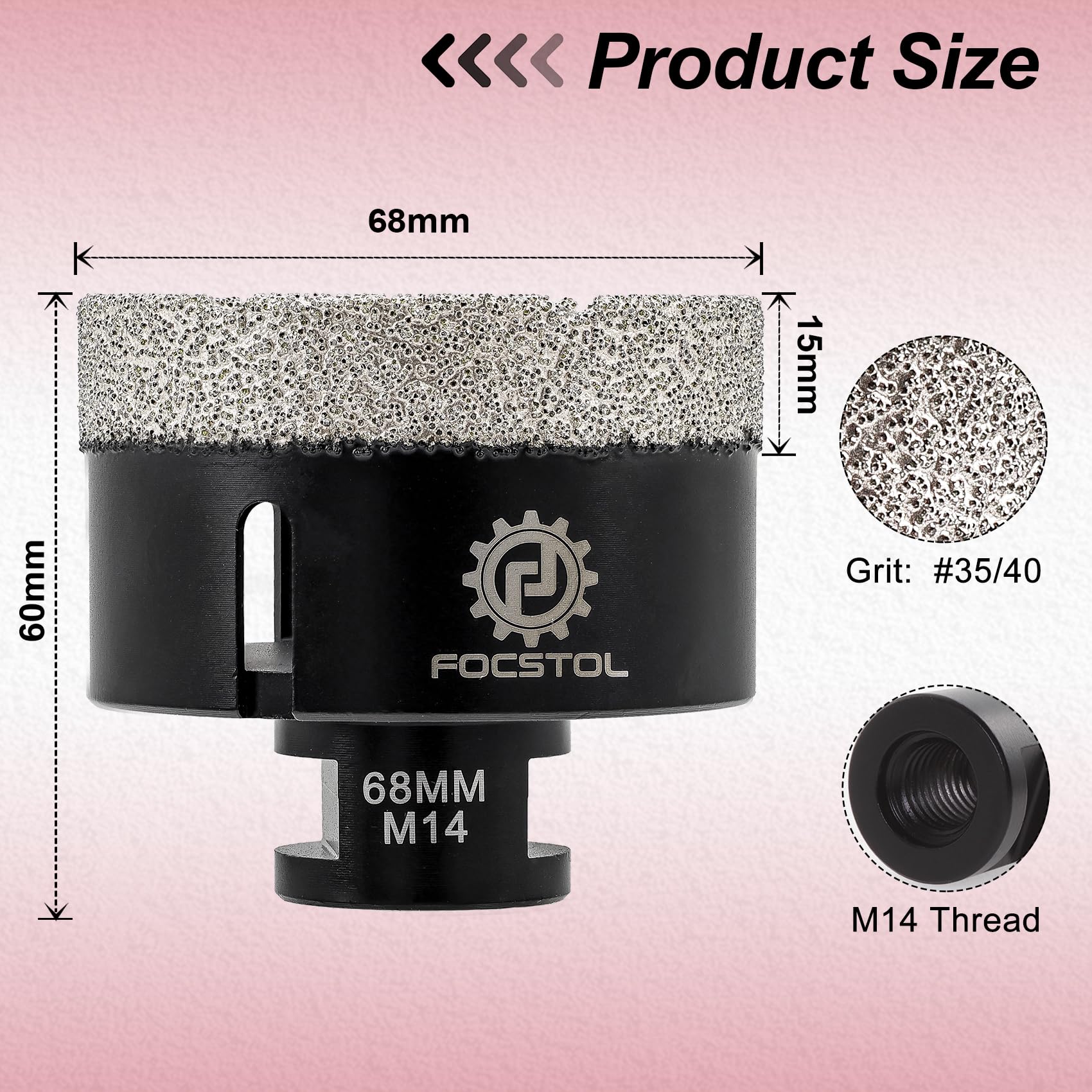 FOCSTOL Brocas Diamante - 68mm Corona Diamante para Porcelanico Baldosa Cerámica Mármol Granito Cuarzo para M14 Rosca Amoladora Angular