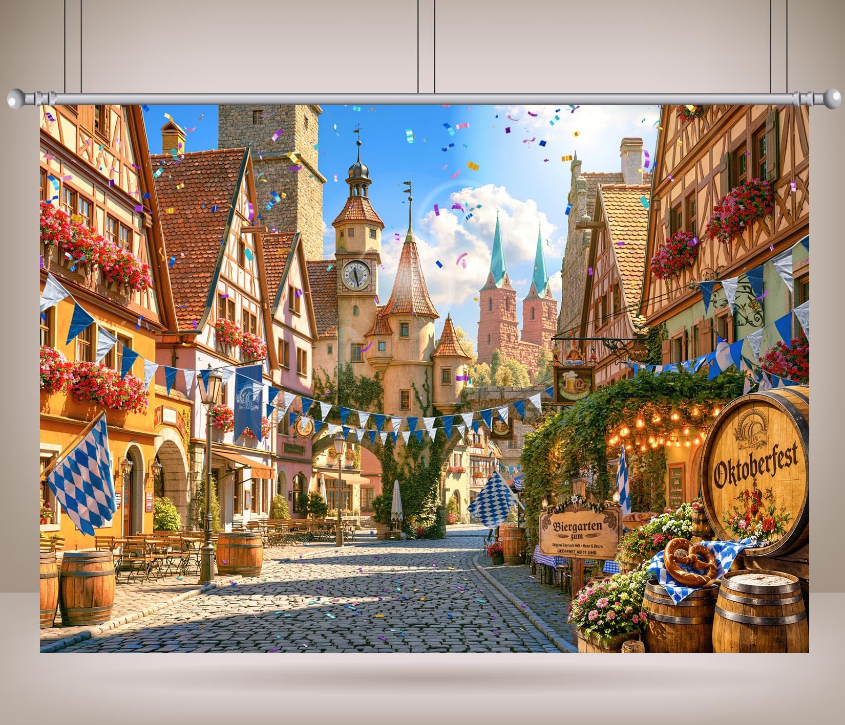 BELECO 4.6x2.5m Sfondo tessuto Oktoberfest decorazioni festa birra bavarese banner stampato con borgo antico bavarese arredo interno accessori pratici per shooting fotografici domestici