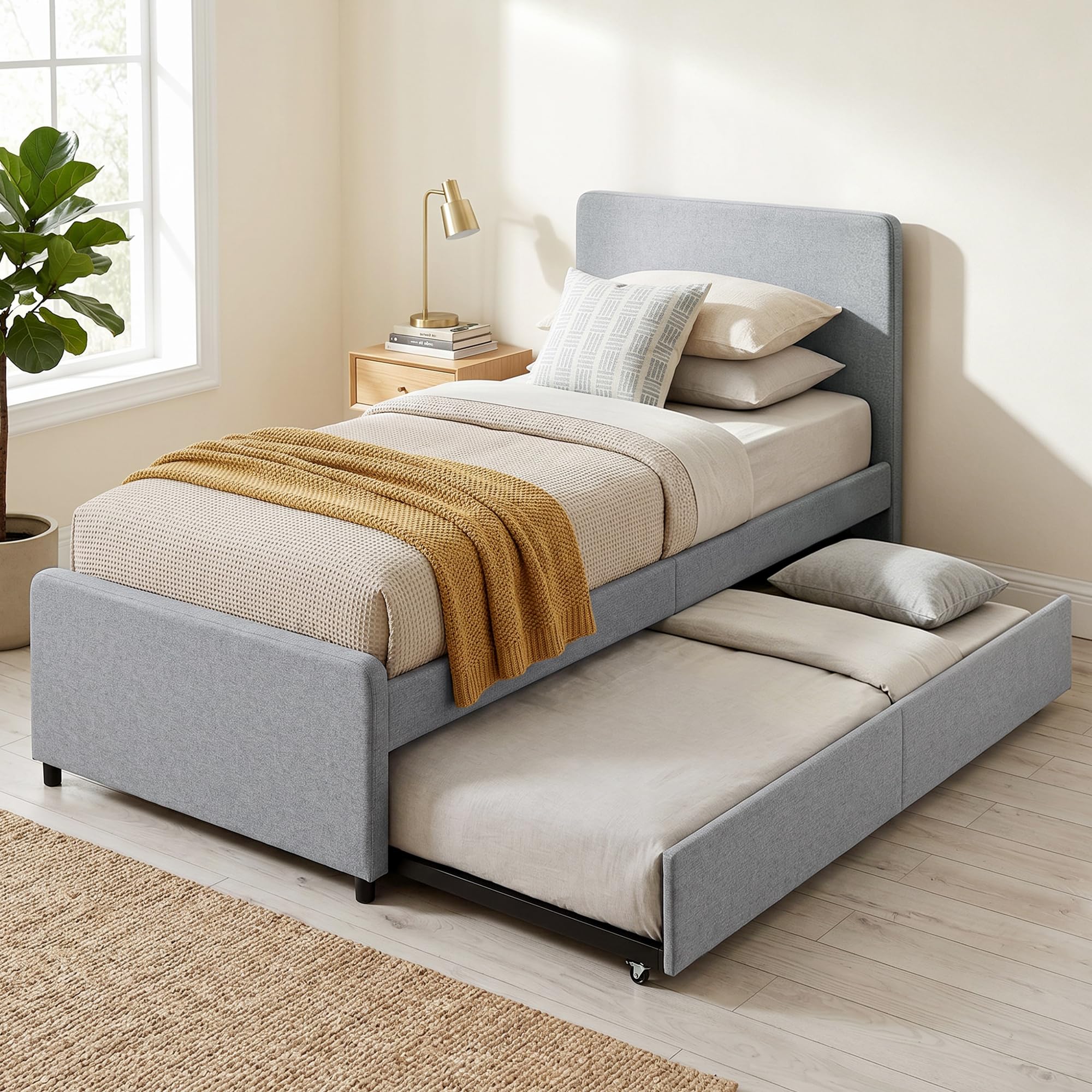 HOMCOM 3ft Single Bed Frame with Trundle Upholstered 90 x 190 cm Light Grey