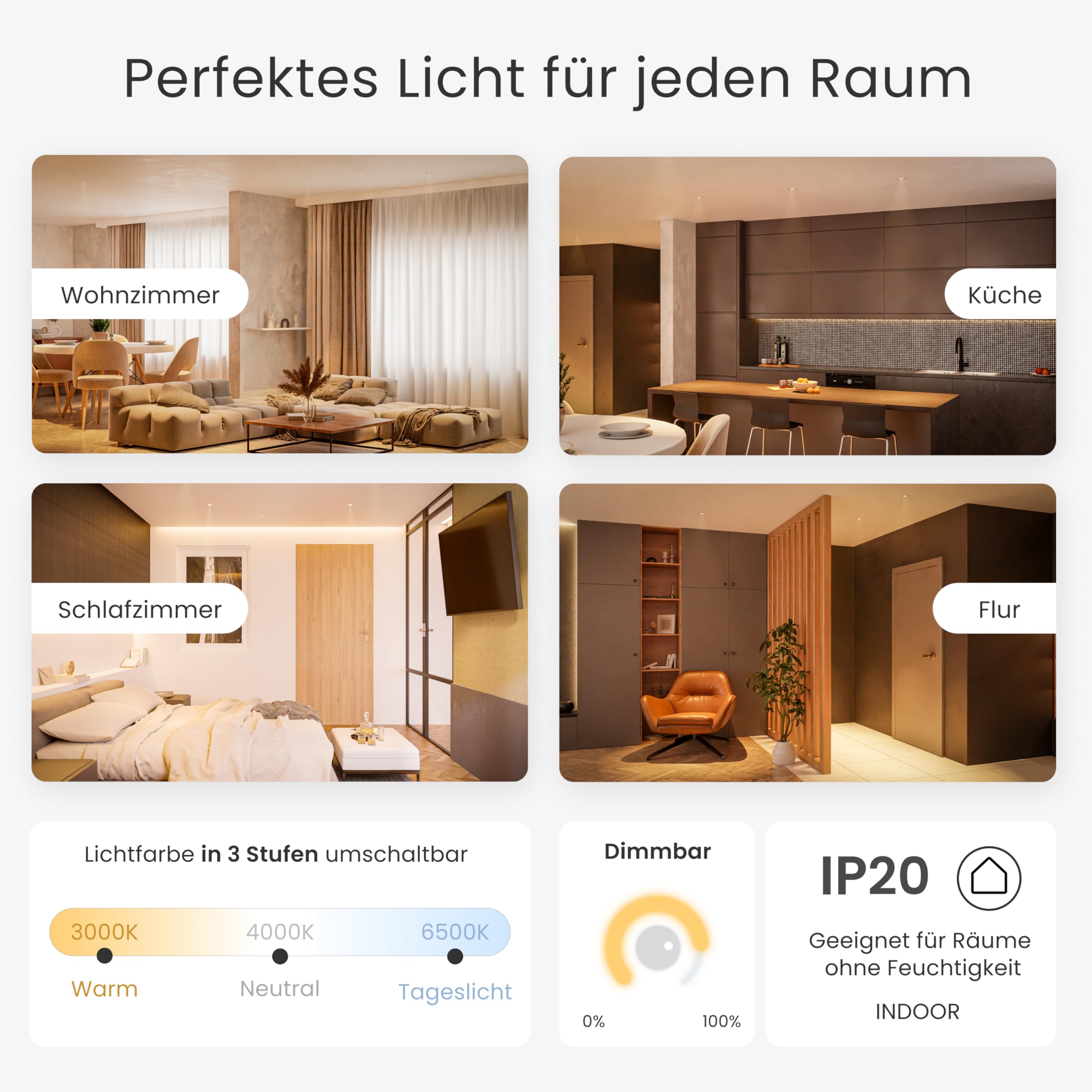 MATO 6x LED Einbaustrahler 230V Dimmbar 5W - 30° Schwenkbare, flache Spots 75mm Lochmaß - IP20 Einbauleuchten Deckenspots für Innenräume - Einbauspots Lichtfarbe umschaltbar, CRI 90+, 510lm