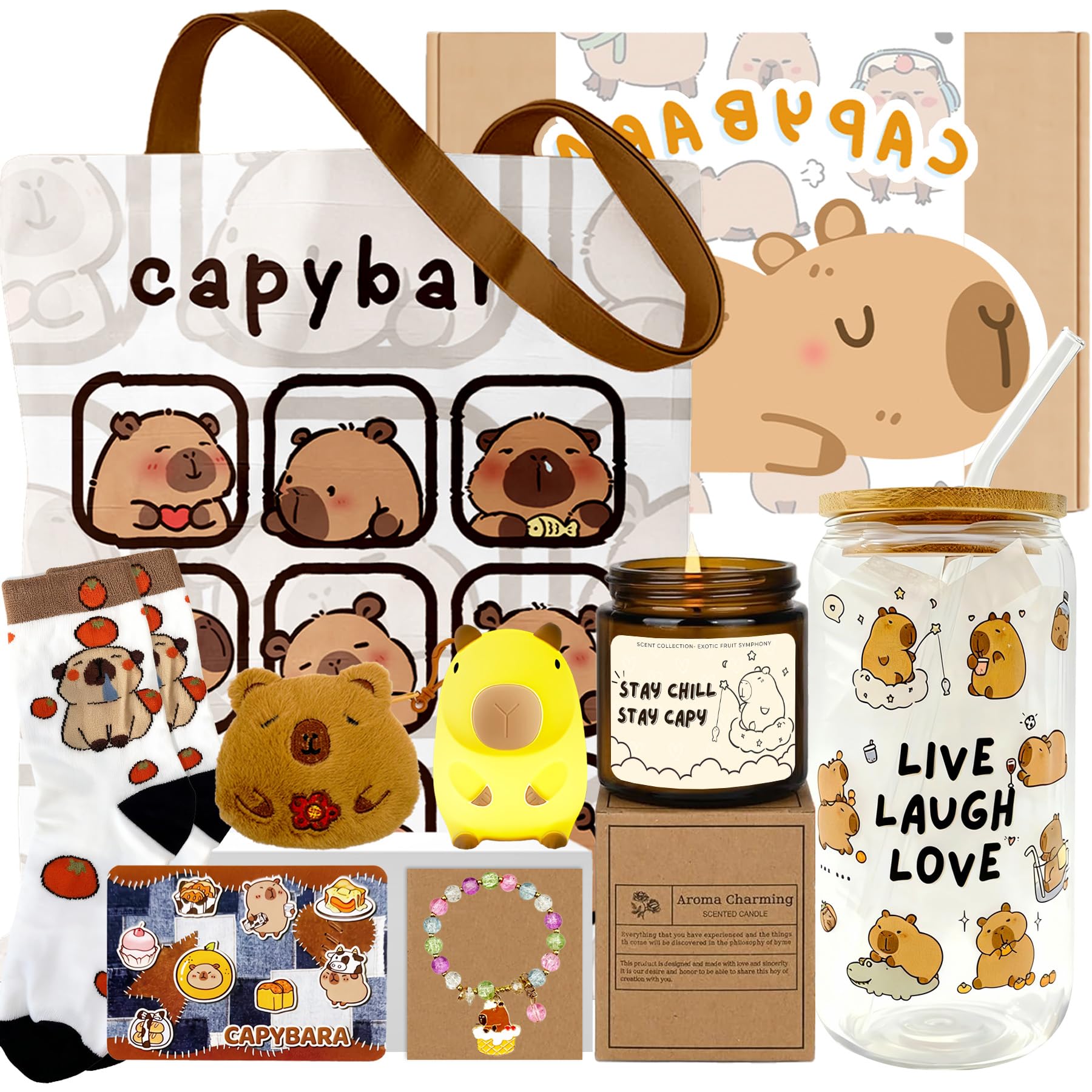 Capybara Gifts for Women, Kawaii Capybara Gift Box and Self Care Set | Includes a glass tumbler, tote bag, coin purse, bracelet, socks, and candle,
