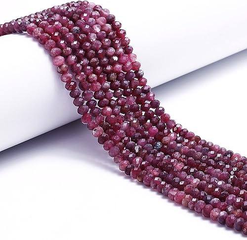 JM Design Cuentas de rondelle facetadas de turmalina roja natural, tamaño 0.118x0.157 in, 15.5 '' hebra para la fabricación de joyas