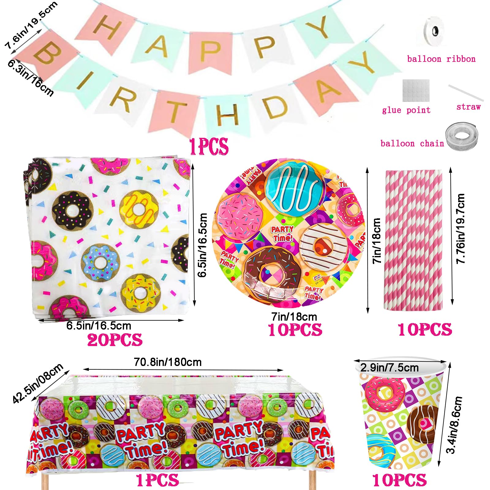 100‑teiliges Donut Party‑Set – Mit Luftballons, Geschirr, Banner & Tischdecke Für Geburtstagsfeiern