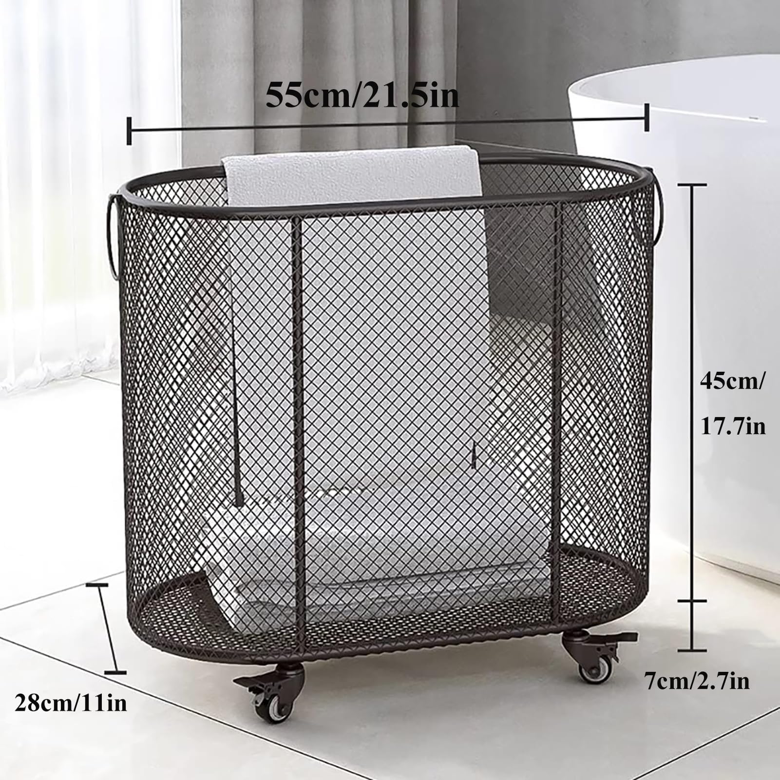 Cesto Para La Ropa Sucia Con Ruedas, Cesto Para La Ropa Sucia Con Ruedas Y Estructura De Alambre De Metal, Cesto Para La Ropa Sucia Estrecho Y Ovalado, Organizador, Almacenamiento Para Dormitorio(Blac