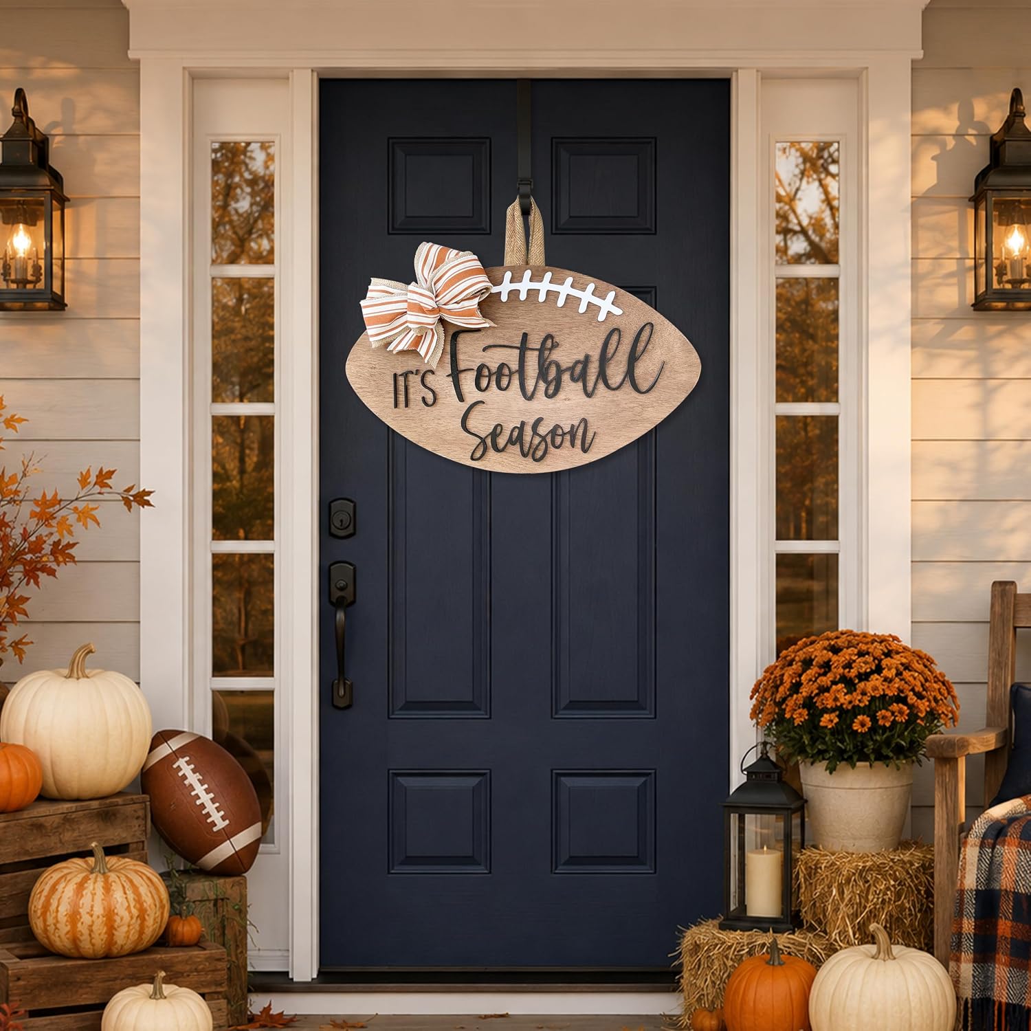 Football Wreath for Front Door, Wooden Door Hanger Sign with Burlap Bow, Game Season Fall Sports Home Decor for Porch, Wall & Entryway