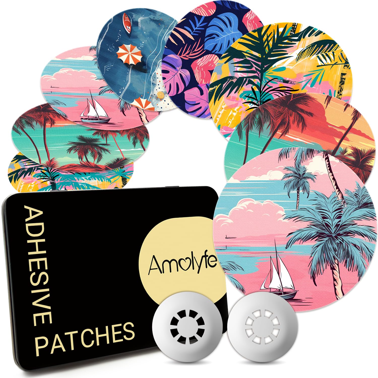 Libre 3 & Plus Sensor Covers Waterproof, 20-Pack Amolyfe Freestyle Libre 3 Covers, Bump-Proof with 2 Hard Caps and Tin Case, Breathable Medical CGM Adhesive Patches, 14-Day CGM Protection (Sunset)