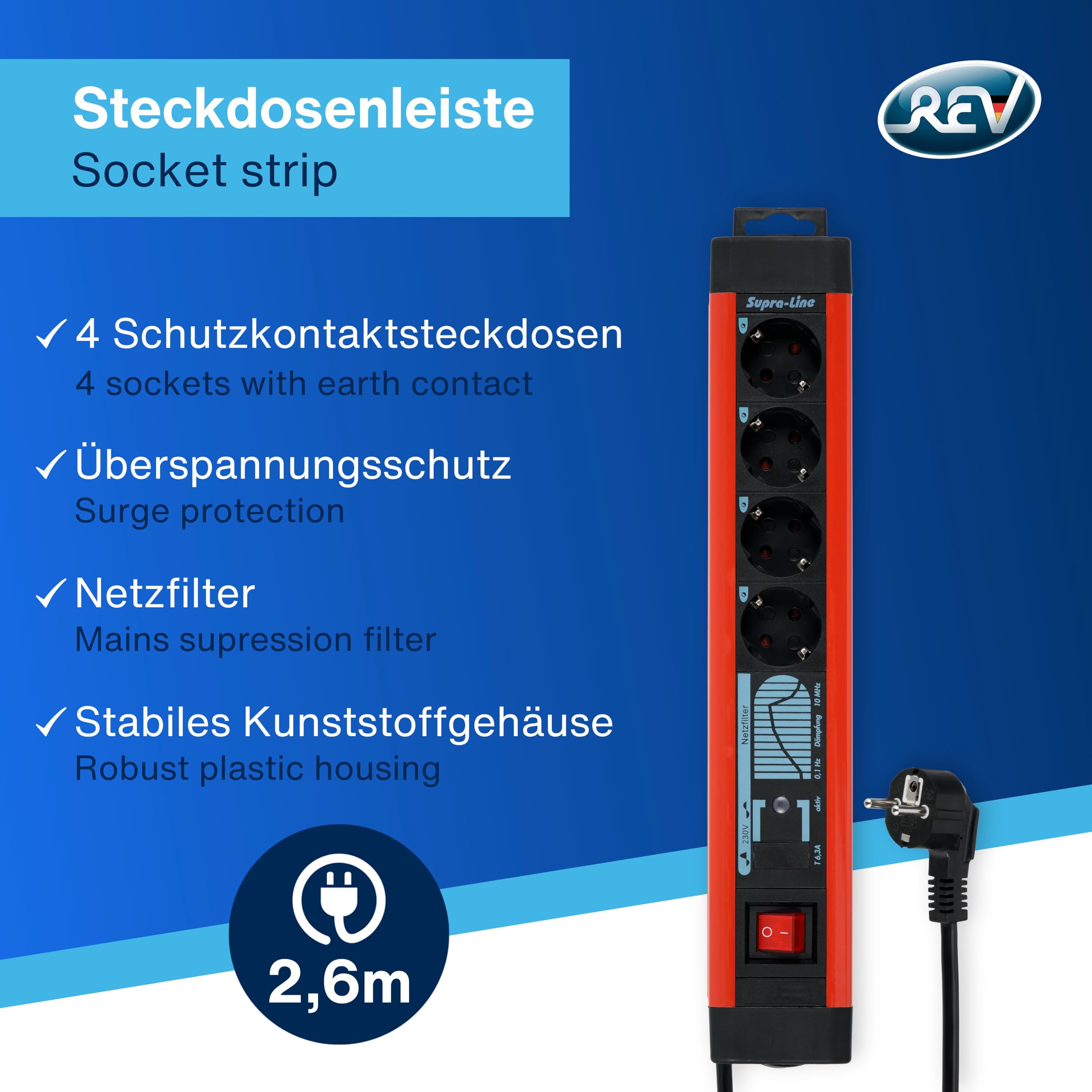 Rev Ritter, Multipresa con Spd + Filtro Rete, con Interrutore, 2,5 M (Cavo) - 144661