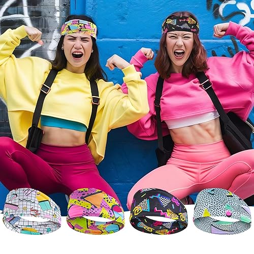 Miniatura 3 de Paquete de 4 diademas de los años 90 con estampado retro de los años 80 para mujer, bandas de sudor de moda vintage, bandas deportivas para el