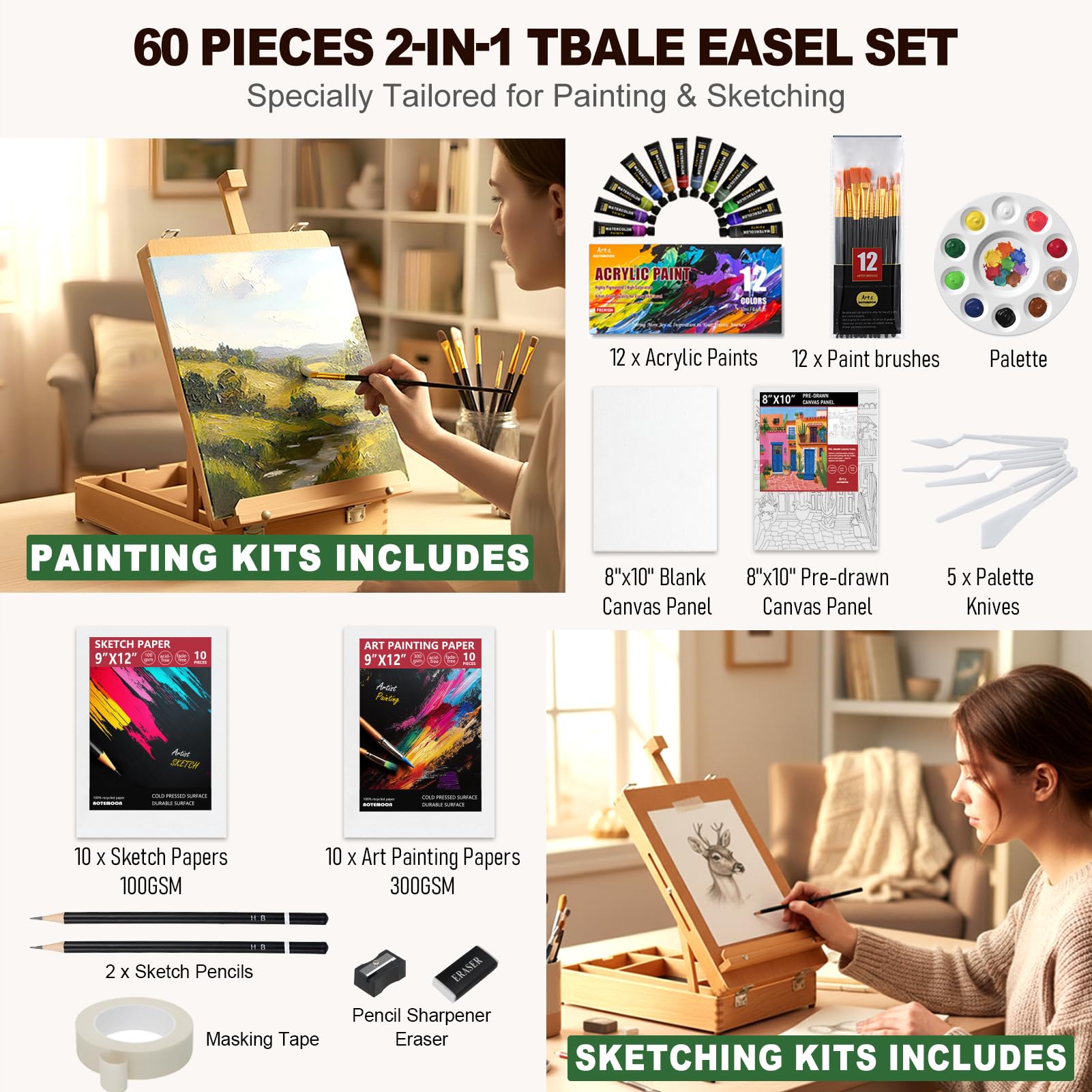 Beechwood Painting Easel Set - Portable Art Studio -2 Beechwood Painting Easel Set - Portable Art Studio -2