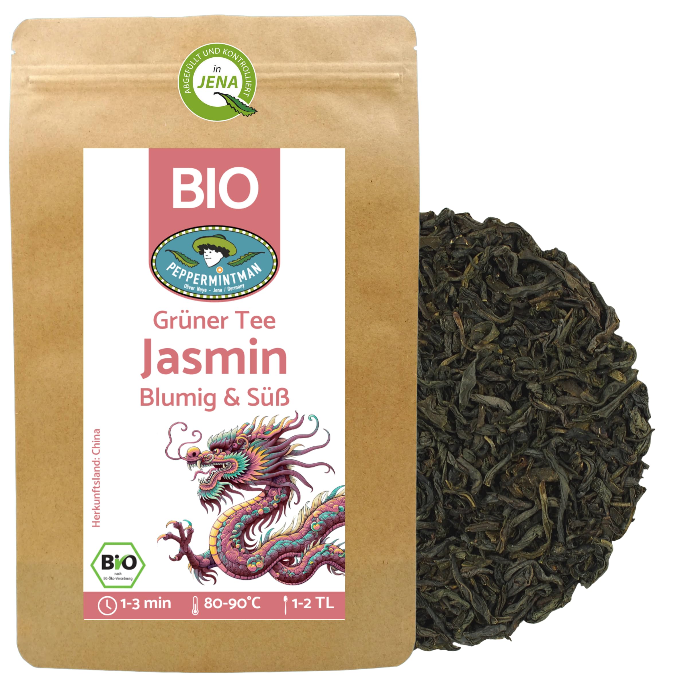 Bio Jasmintee 1kg - Grüner Tee lose - traditionell und natürlich aromatisiert mit frischen Jasminblüten - aus dem chinesischen 'Goldenen Dreieck' des Teeanbaus - PEPPERMINTMAN