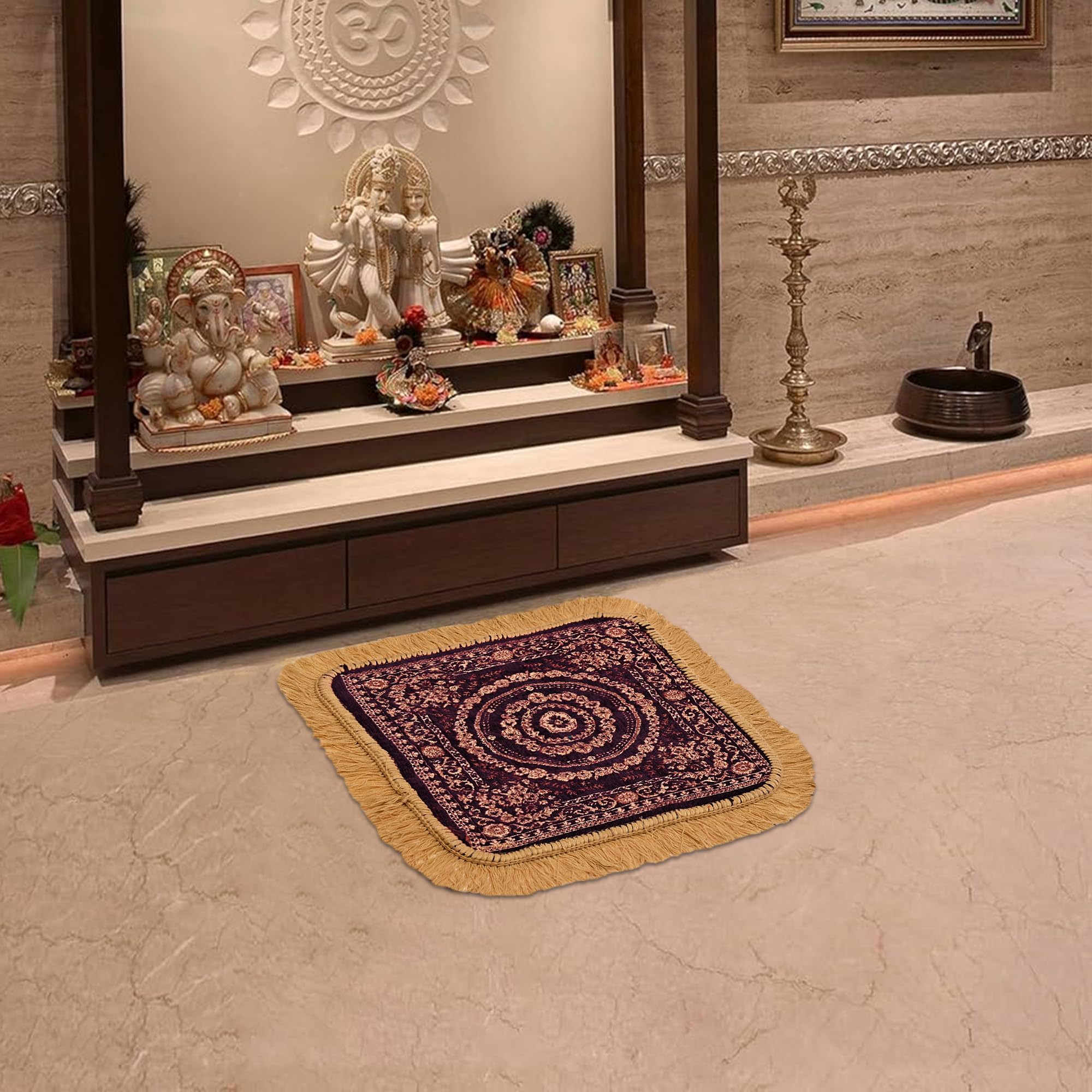 Heart Home Velvet Pooja Mat For Sitting On Floor | Comfortable Eating Aasan for Home | Decorative Sitting Mat for Meditation & Mandir | Floral - Golden & Purple-image-22