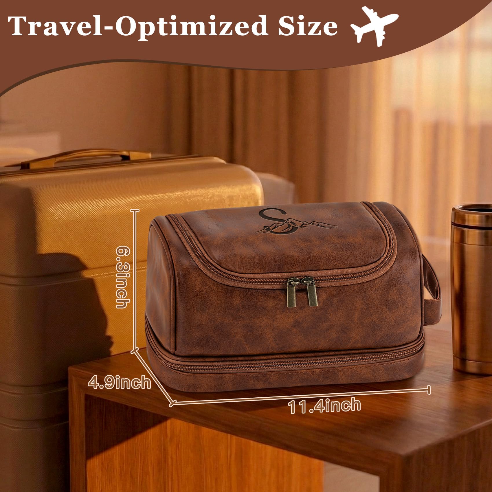 Neceser de viaje personalizado para hombre, grabado con láser, con monograma, inicial, para artículos de tocador, San Valentín, aniversario, regalos geniales para hombres, marido, novio, marrón