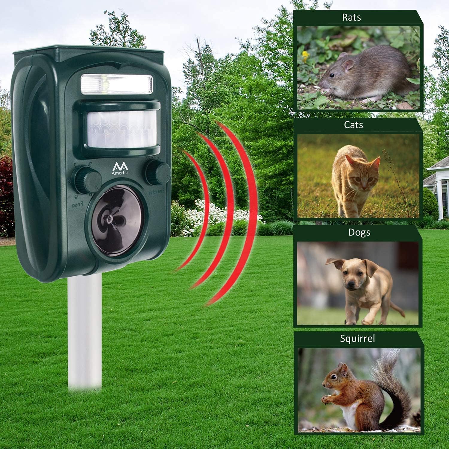 Solar Animal Repeller, 2021 Ultrasonic Mole Repellent, Rat, Squirrel, Deer, Raccoon, Skunk, Rabbit, Mole, Dog, Cat, Waterproof with Motion Detector, USB Rechargeable, Flashing Light (Green)