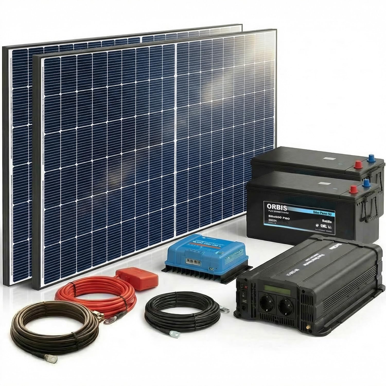 Insel Solaranlage 2500W 24V/230V Komplettset Plug & Play mit 900WP PV-Modulen, 400Ah Batterie, Wechselrichter, netzunabhängig, Garten, Tinyhaus, Wohnmobil | BaSBa BA24-2500
