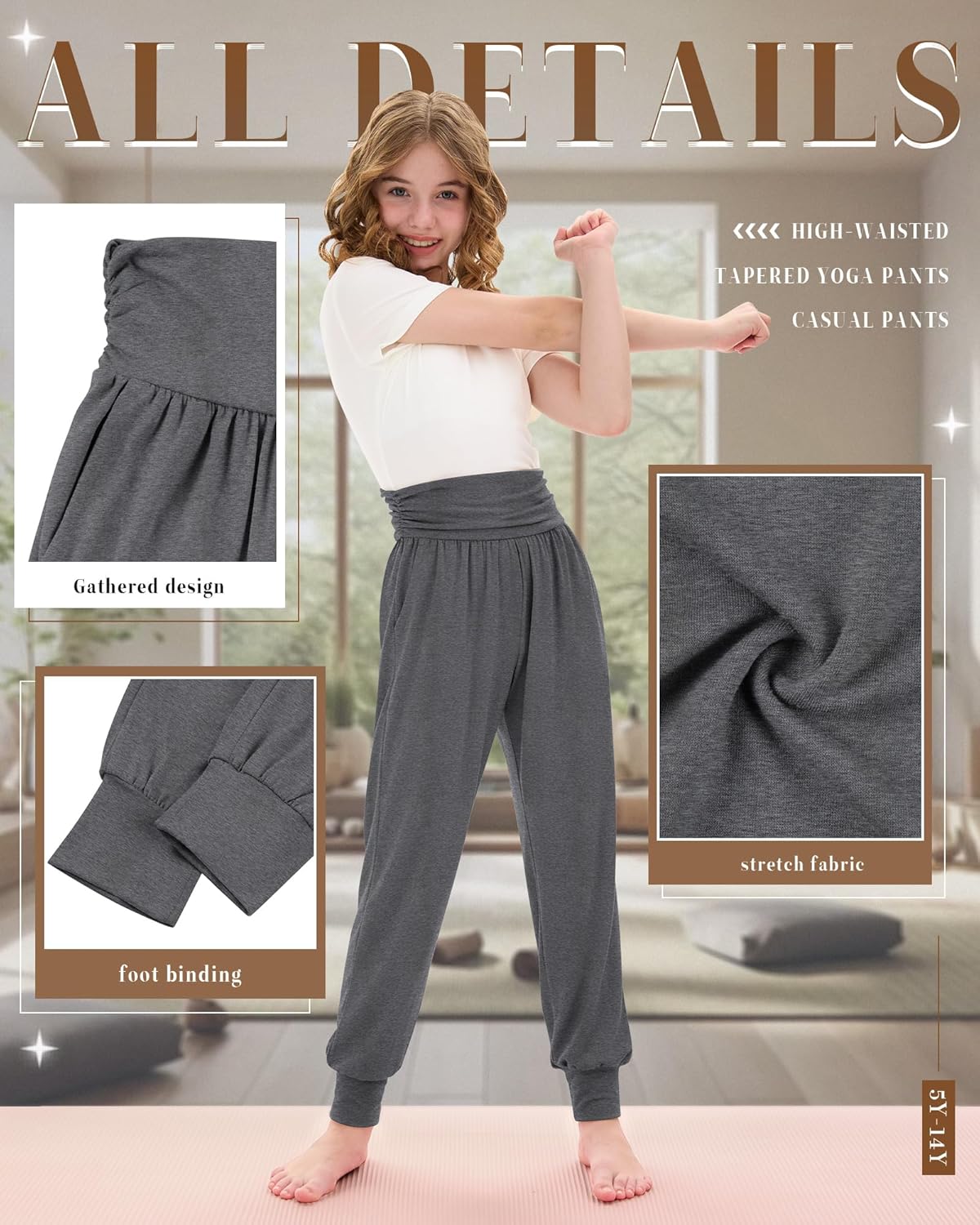 3 Pack Girls' Lounge Yoga Pants with Pockets High Waisted Joggers Workout Running Sweatpants Kids Athletic Bottoms - Image 4