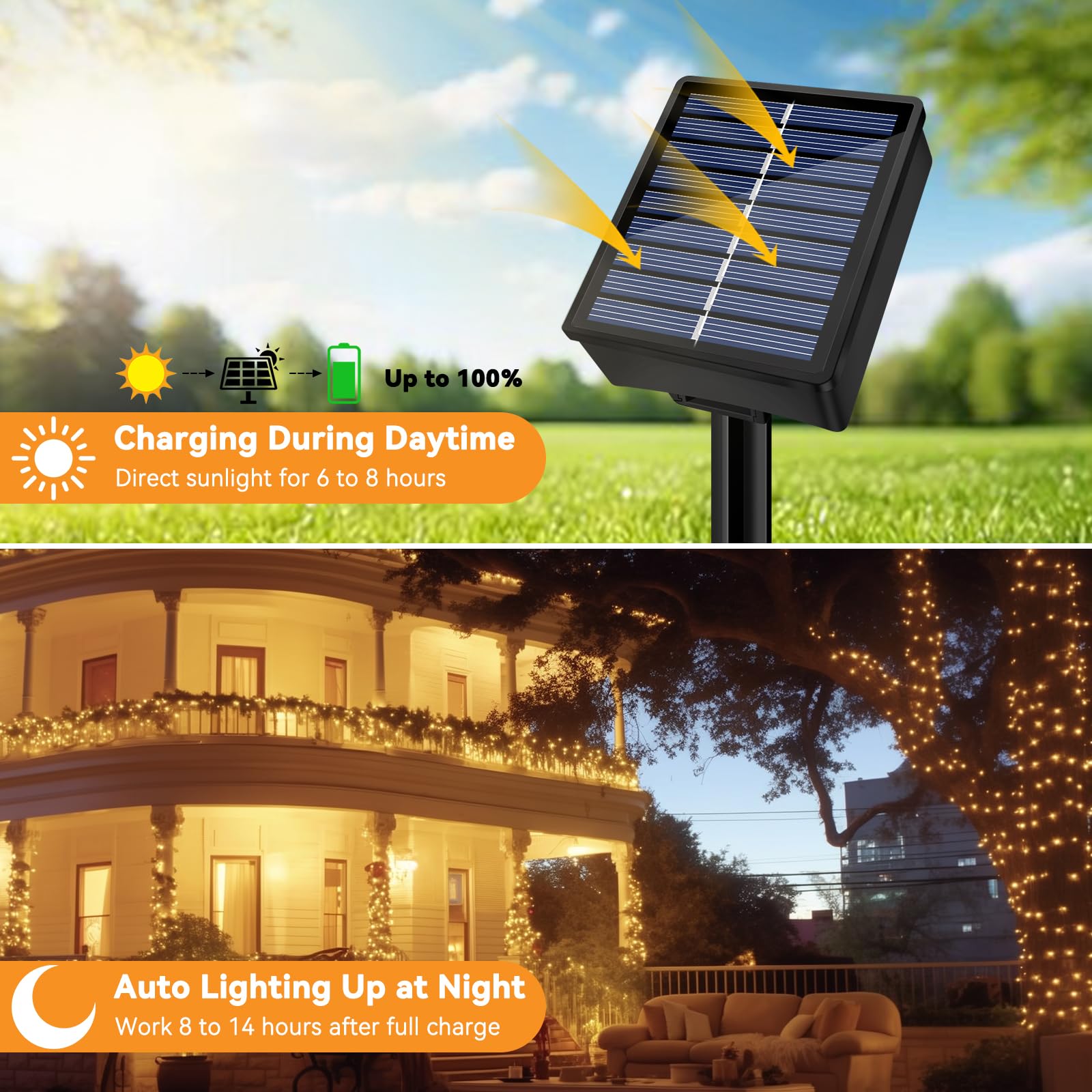 Solar-Lichterkette für den Außenbereich, wasserdicht, 2 Stück, insgesamt 20 m, 200 LEDs, 8 Modi, funkelnde Lichter, Solar-Lichterkette für Terrasse, Garten, Hof, Party, Hochzeit, Baum, Weihnachten