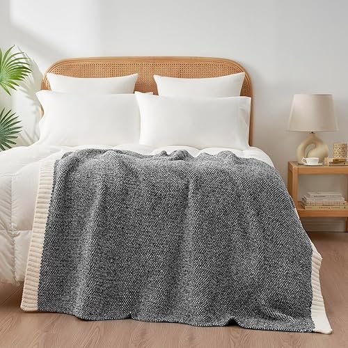 Miniatura 5 de Snuggle Sac Manta de color negro jaspeado para sofá, manta reversible, cálida y acogedora de punto, mullida, ligera, para sofá, cama, campamento,