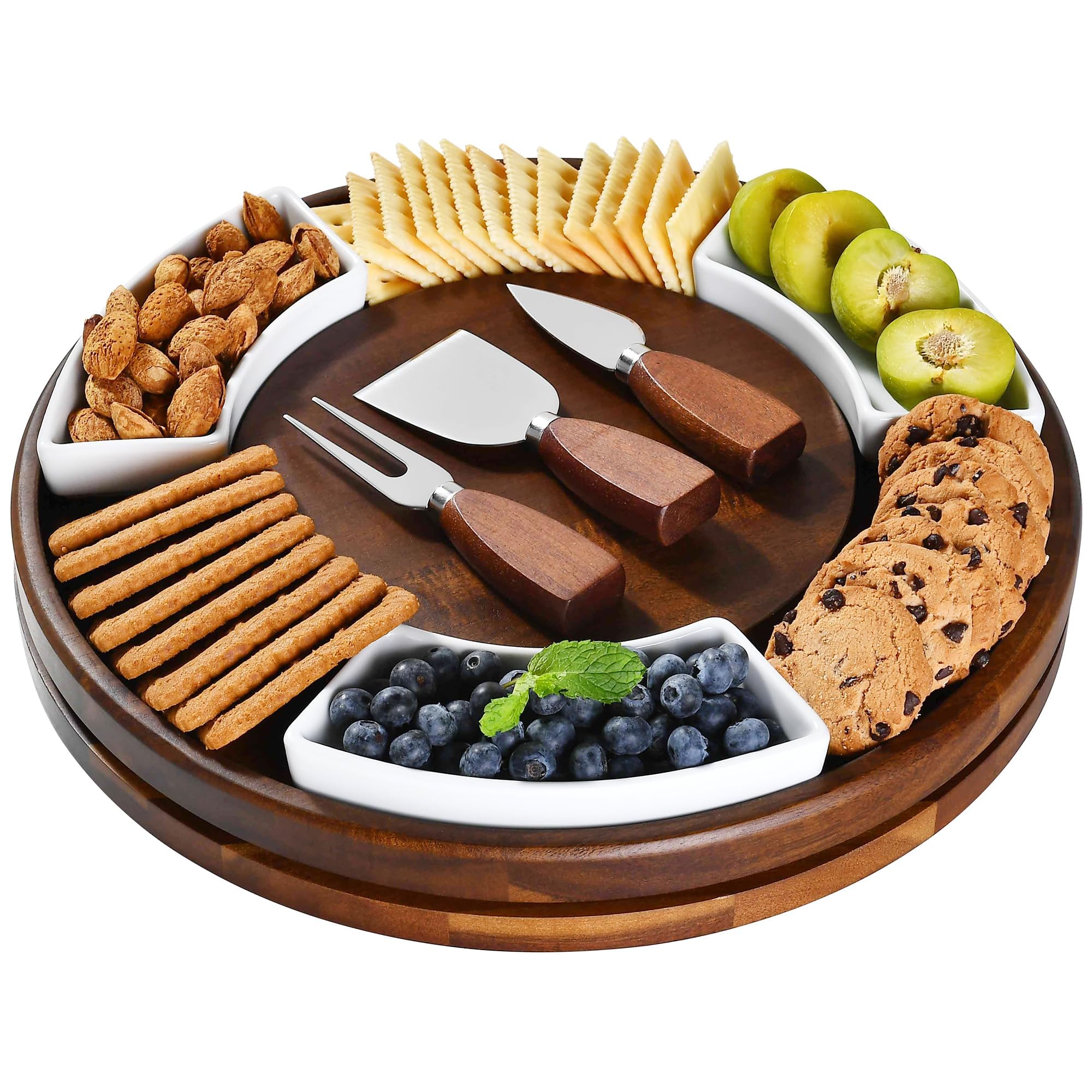 Shanik Acacia Wood Lazy Susan Cheese Board Set – Rotating Charcuterie Platter, Elegant Serving Tray for Appetizers, Snacks, Parties & Weddings