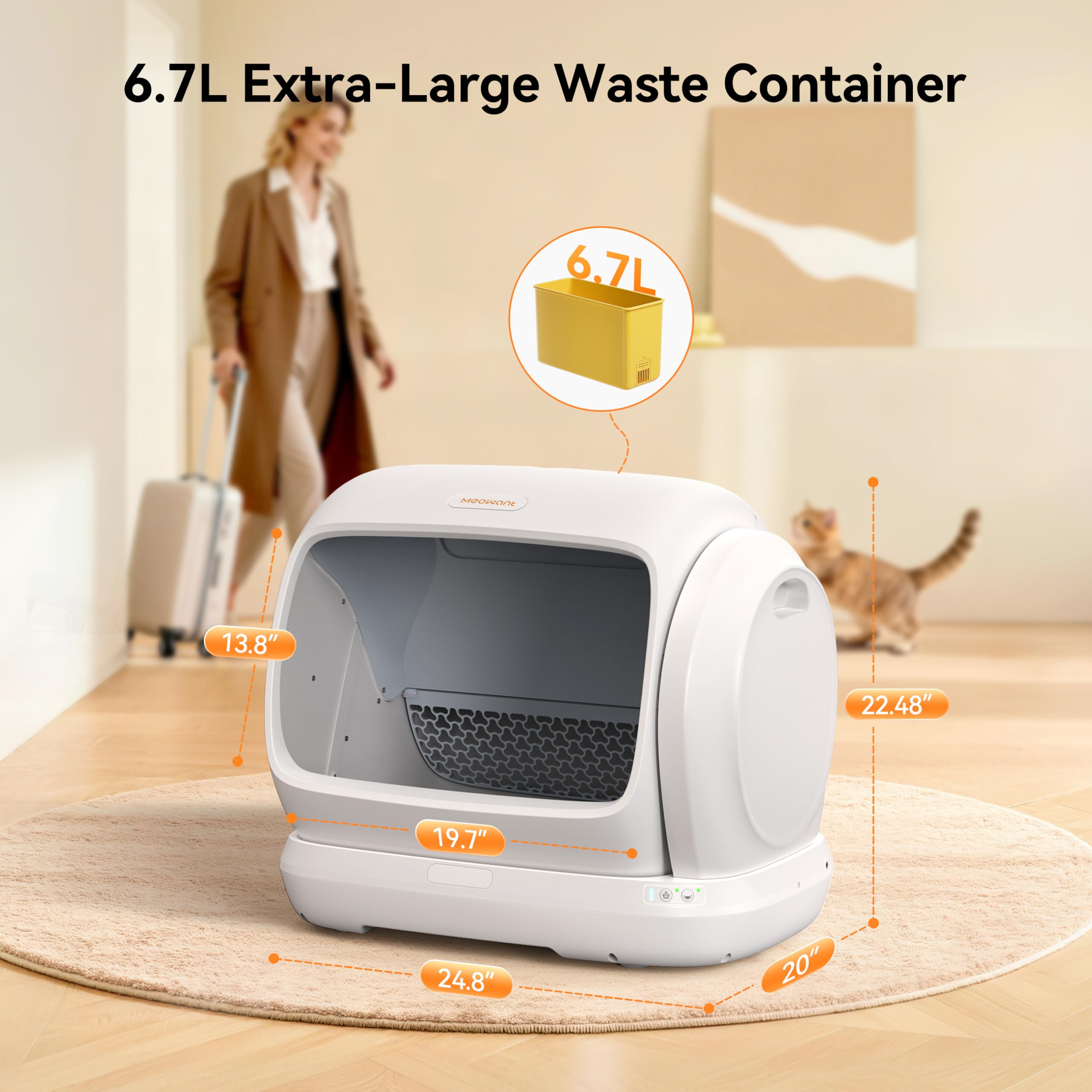 MeoWant Arenero Gatos Autolimpiable 106L, Extra Grande, Entrada Baja, Sensor de Seguridad, Antipinzamiento,Control Mediante App, Libre de Olores, Arenero Automatico XXXL Ideal para Múltiples Gatos