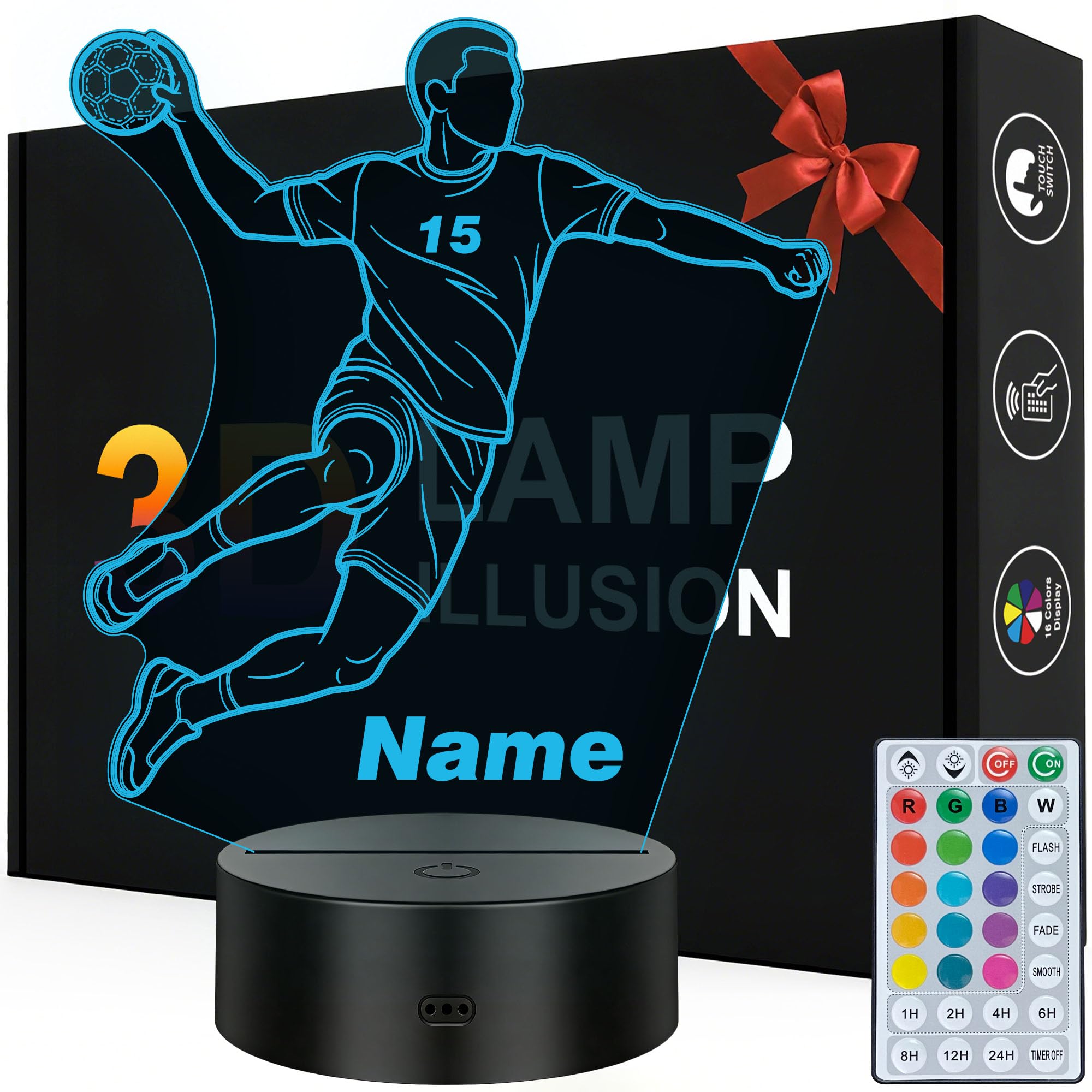 Personalisierte Handball Lampe – LED Nachtlicht mit Name – Handball Geschenk für Kinder, Spieler, Trainer & Fans – 16 Farben dimmbar mit Fernbedienung – Sport Deko Licht Kinderzimmer (Jungen)