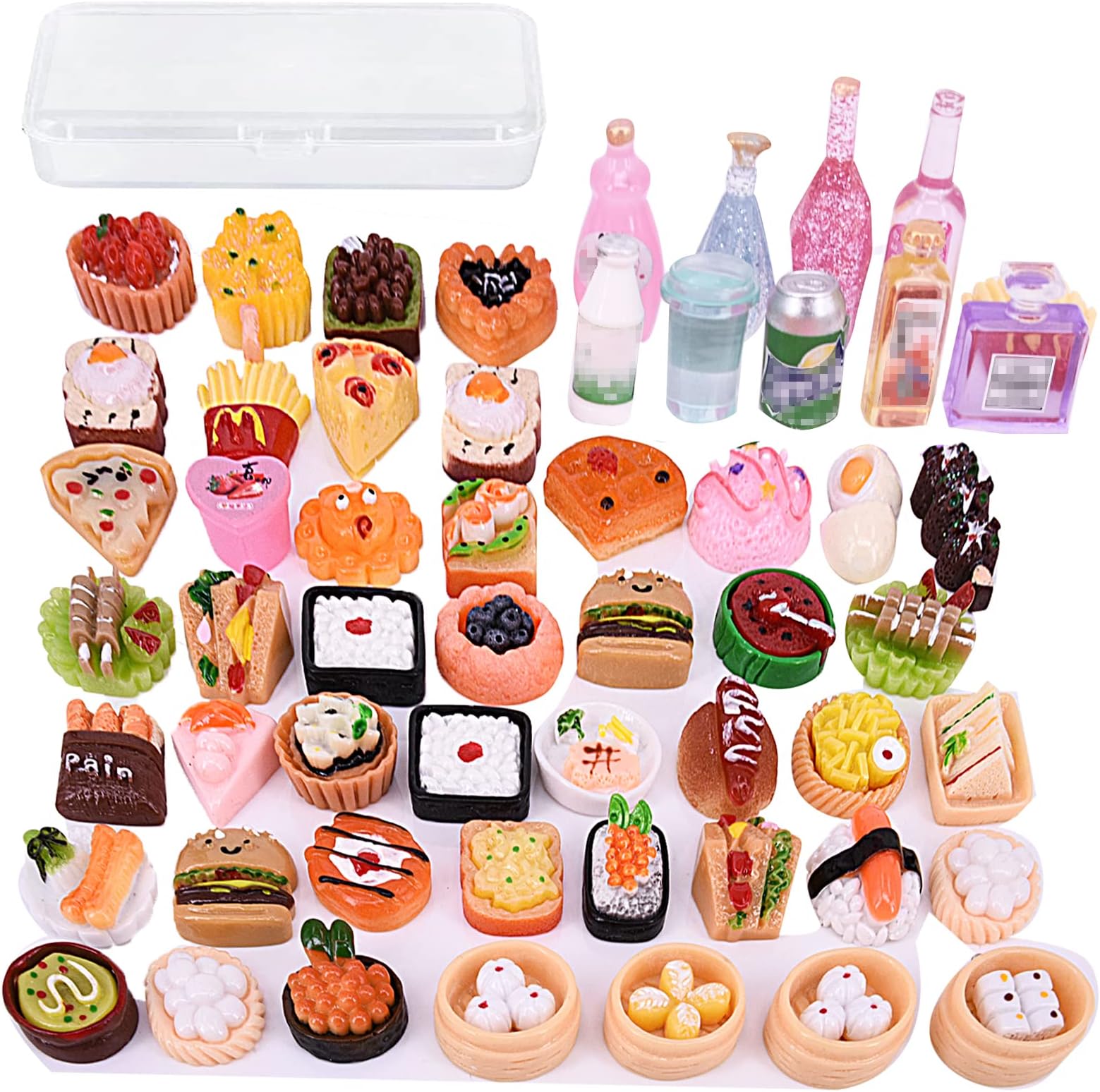 56 PCS Pretend Play Food Set Miniature Food Drinks Toys Role Play Toys Resin Mini Food Toy Kids Kitchen Accessories for Kids Children Toddlers Adults Teenagers Doll House Cooking Games