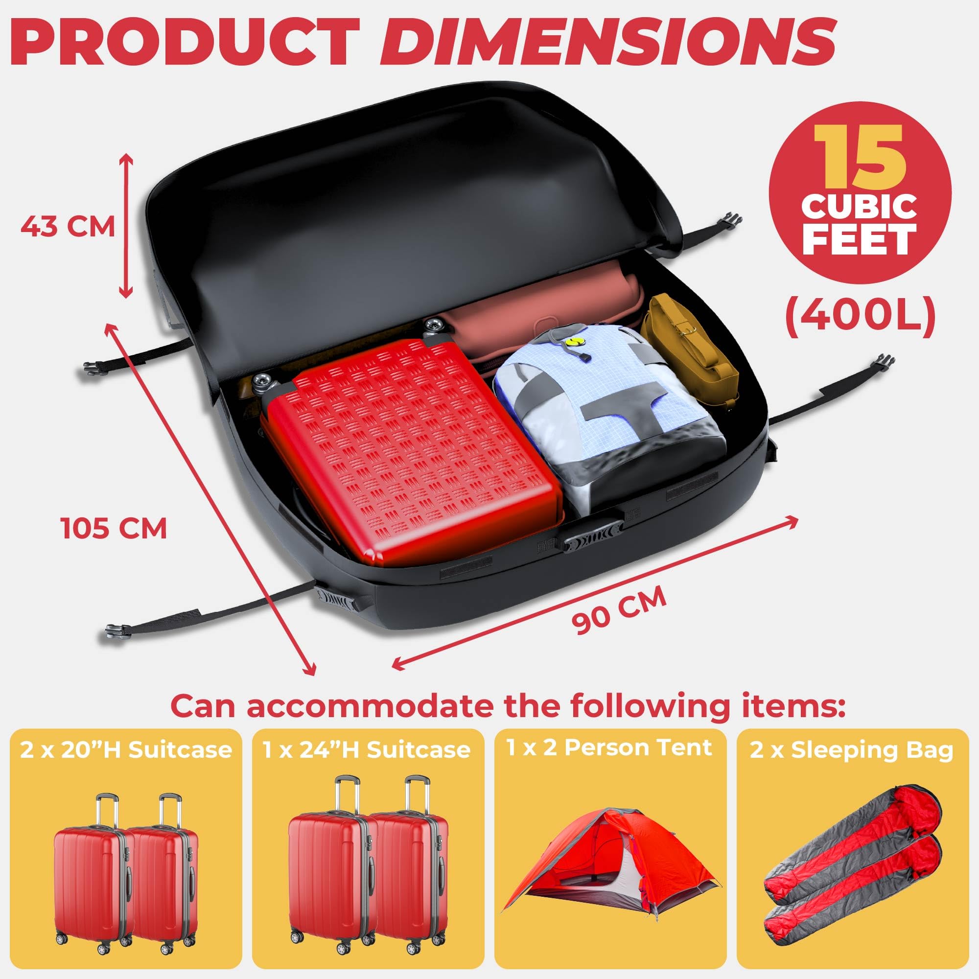 GADLANE Sac de Toit de Voiture 400L - Coffre de Toit étanche pour Voitures avec/sans Porte-Bagages de Toit - avec 4 Sangles Robustes, Tapis antidérapant et Sac de Rangement pour Voitures, SUV (Noir)