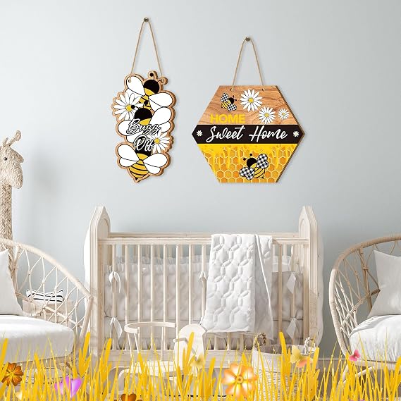 2 Pcs Bee Door Sign Home Sweet Home Sign Bee Welcome Sign Wooden Bee Door Hanger Bee Signs for Front Door Decorations Spring Summer Bee Wreath Wall Decor Bee Themed Party Decorations