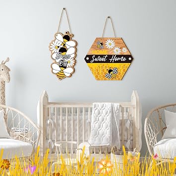 2 Pcs Bee Door Sign Home Sweet Home Sign Bee Welcome Sign Wooden Bee Door Hanger Bee Signs for Front Door Decorations Spring Summer Bee Wreath Wall Decor Bee Themed Party Decorations