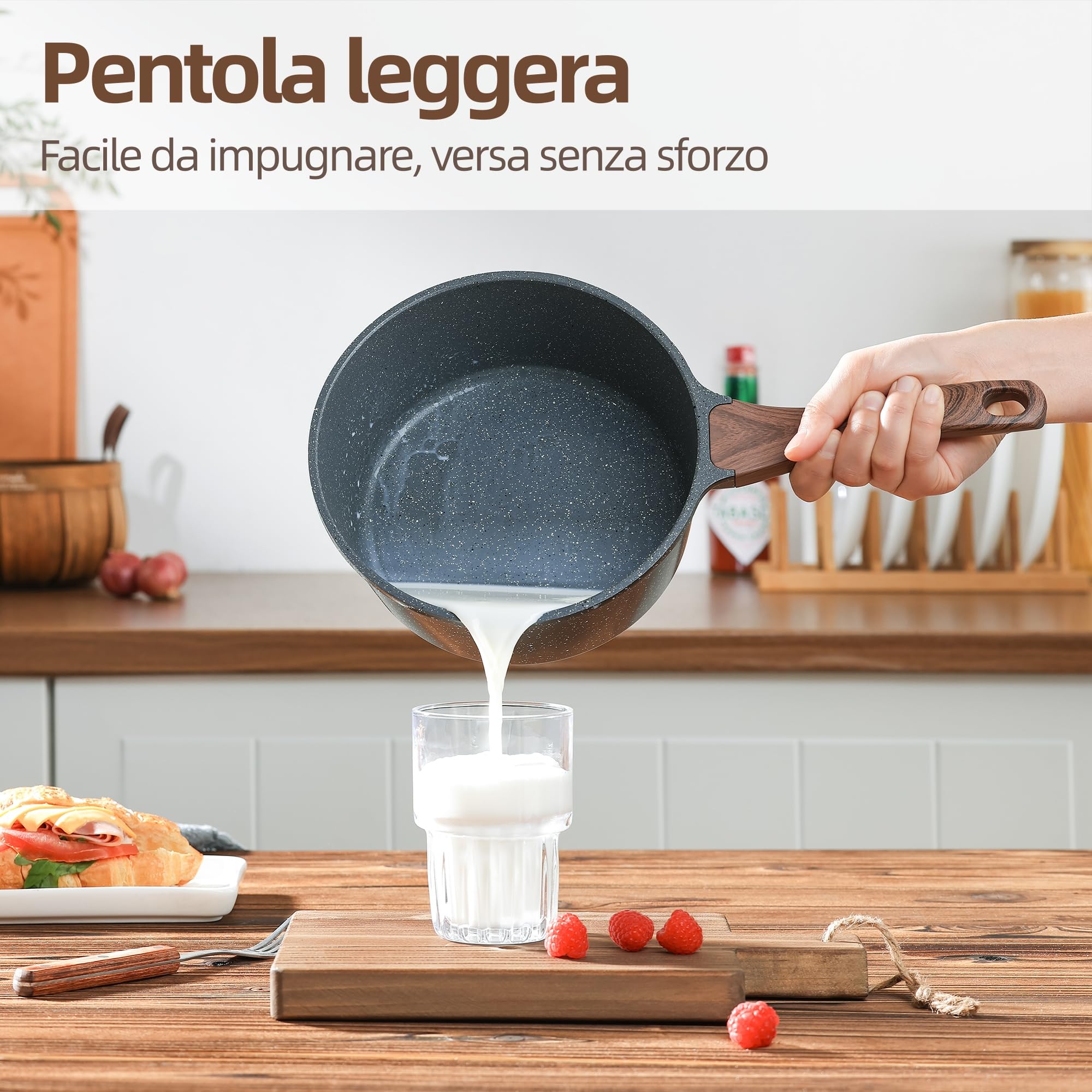 SENSARTE Casseruola Fonda Antiaderente 18 cm in Alluminio per Tutti i Fuochi (Pentola Induzione) con Manico Ergonomico Resistente al Calore e Coperchio