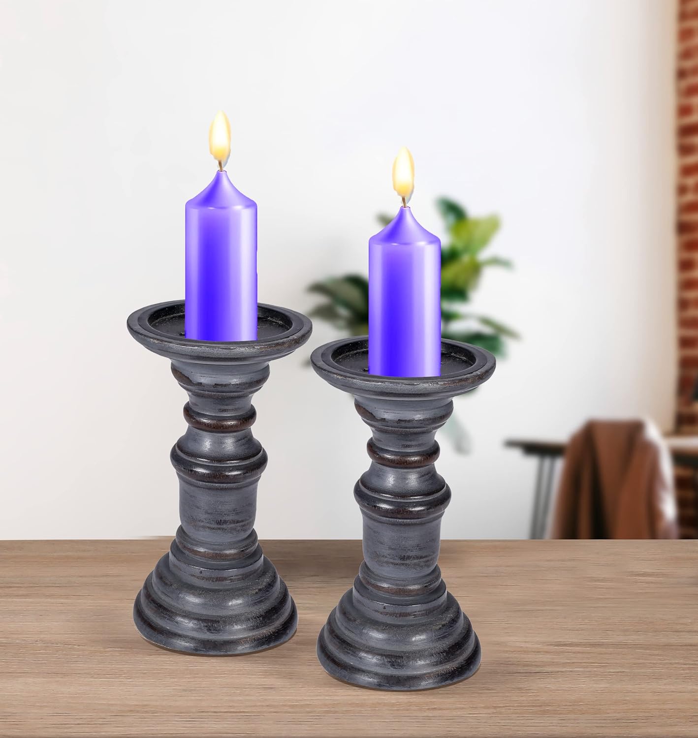 Candle Holder,Wood Candle Holder, Grey Wooden Candle Holder,Candle Holders,Farmhouse Candle Holder,Candle Holder Set of 2,Wood Pillar Candle Holder,Height 7.5 inch Set of 2, Dark Grey