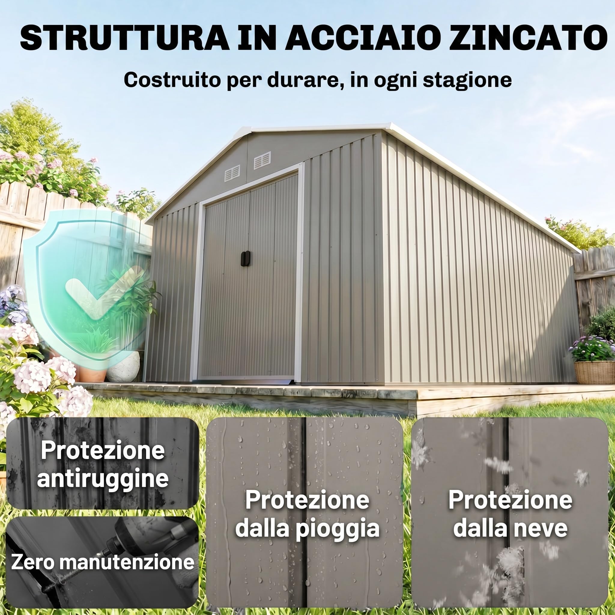 Outsunny Casetta da Giardino 12.4m² con Fondazione, 4 Prese d'Aria e 2 Porte Scorrevoli, Capanno Porta Attrezzi in Lamiera d'Acciaio, 340x386x200 cm, Grigio Chiaro