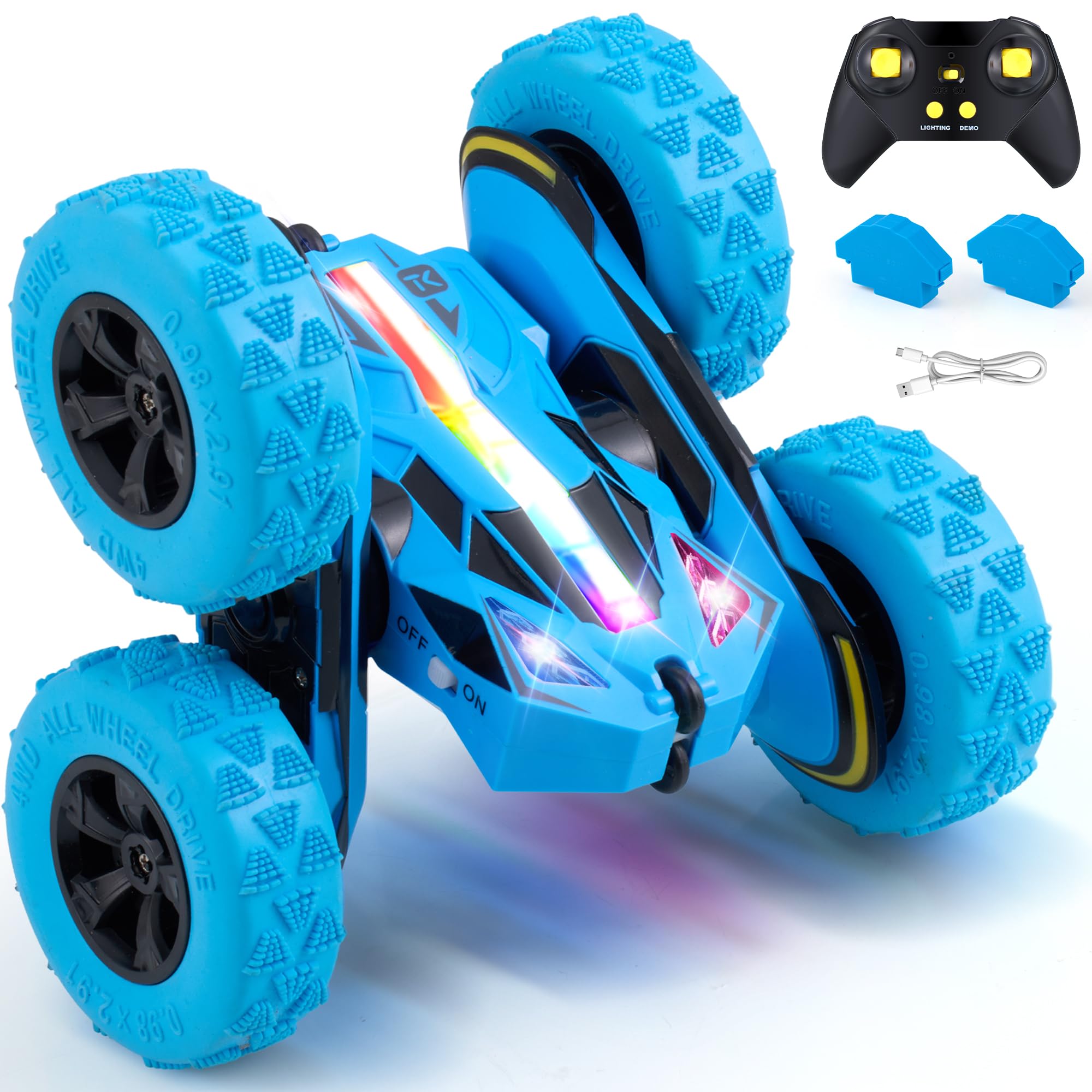 Threeking Remote Control Car for Boys Girls Ages 6-12, 4WD Stunt Car with Quick-Swap Modular Batteries,Breathing Soft Lights, Double-Sided Driving & 360° Flips, RC Cars Toys Kids Presents Gifts,Blue