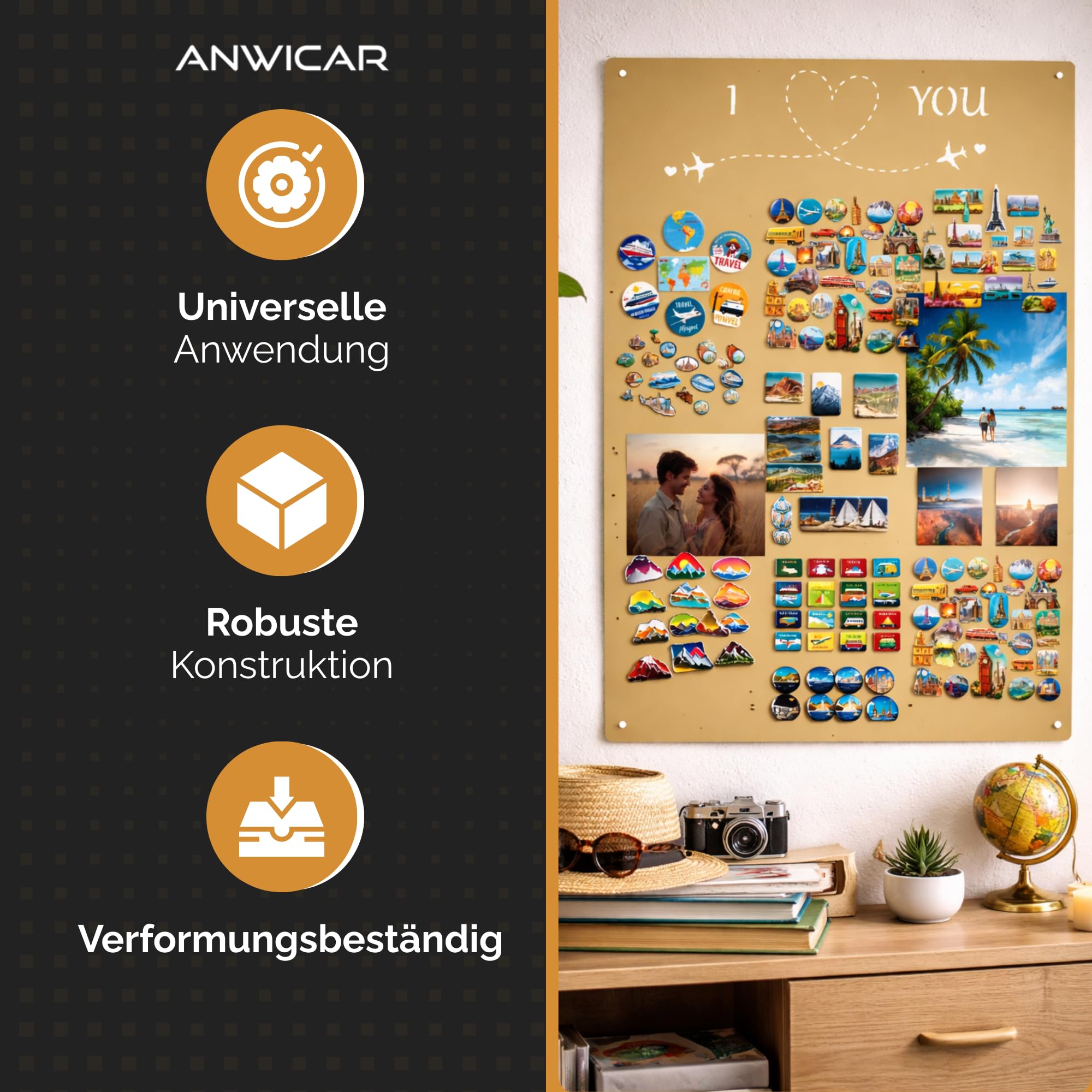 Magnettafel für Erinnerungen Koffer Schwarz 74x49 cm | Magnetisches Stahlboard für Magnete, Fotos und Notizen, Beschreibbar, Montageset inklusive