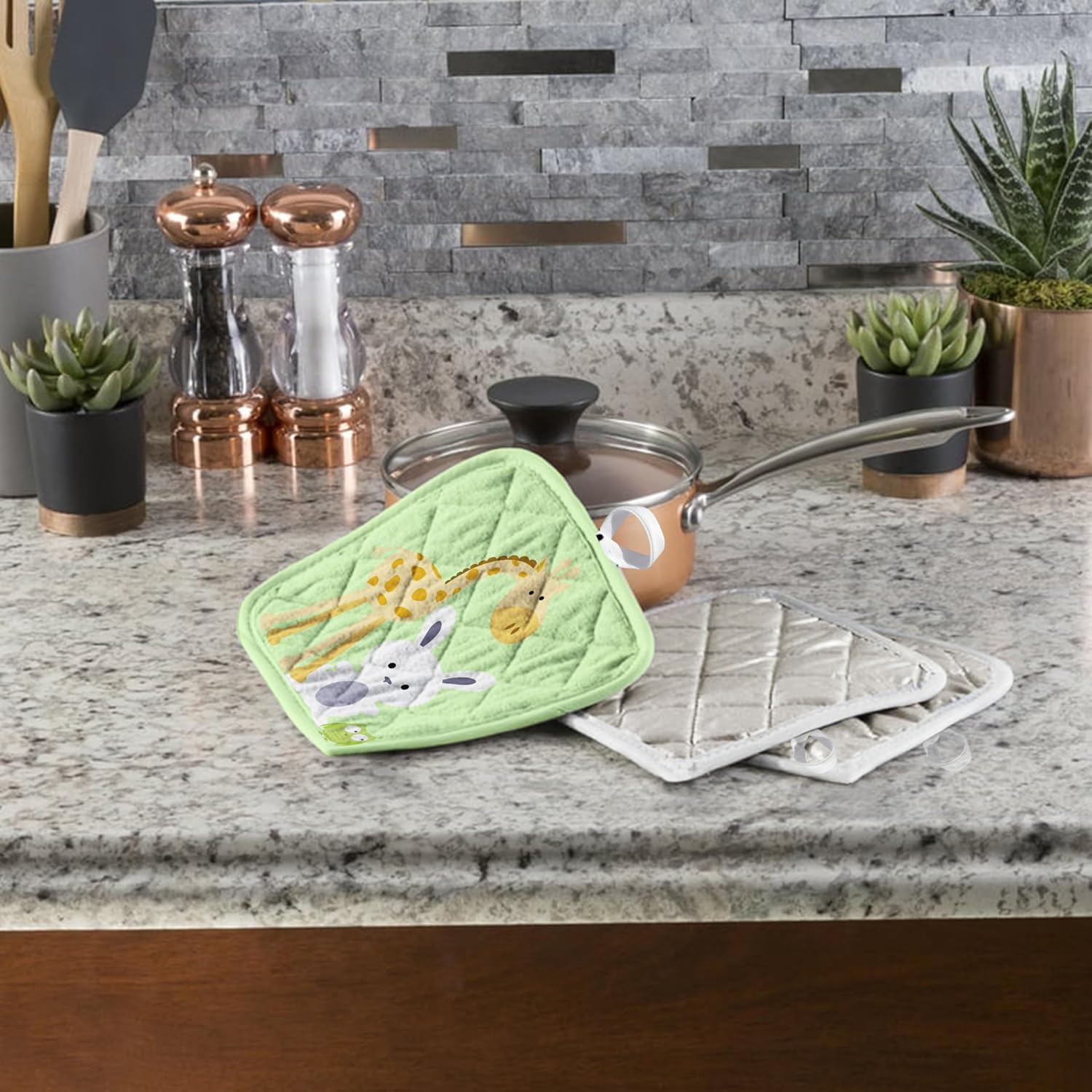 3D Rose Giraffe-Bunny and Owl Lime Kids Room Decoration Pot Holder, 8 x 8