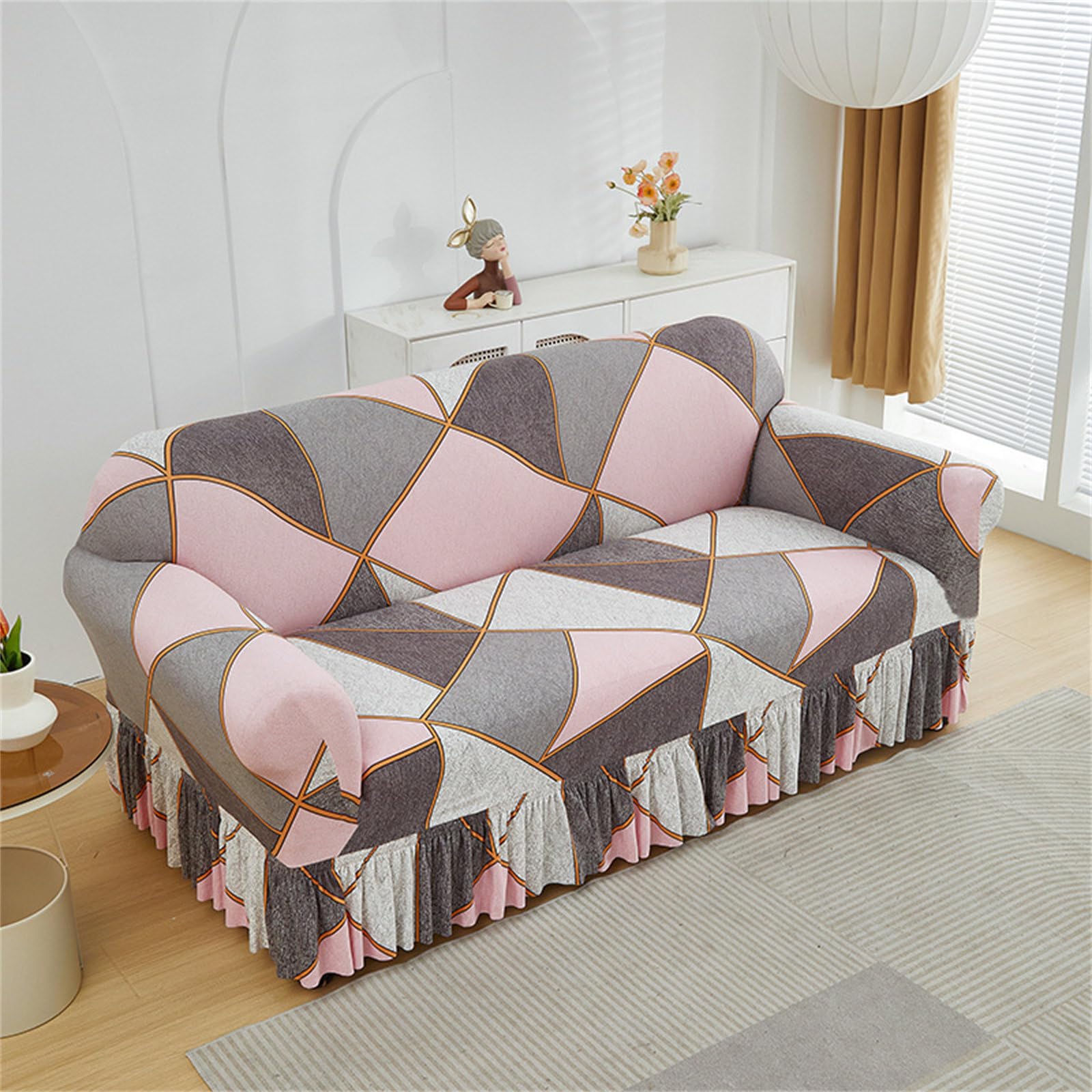 Odot Sofa Cover Beautifully Print with Skirt, Stretch Sofa Cover 1 2 3 4 Seater, Breathable Sofa Slipcovers for Corner Sofa Cover L Shape,Couch Cover Non Slip Furniture Protector (Pink,3 Seater)