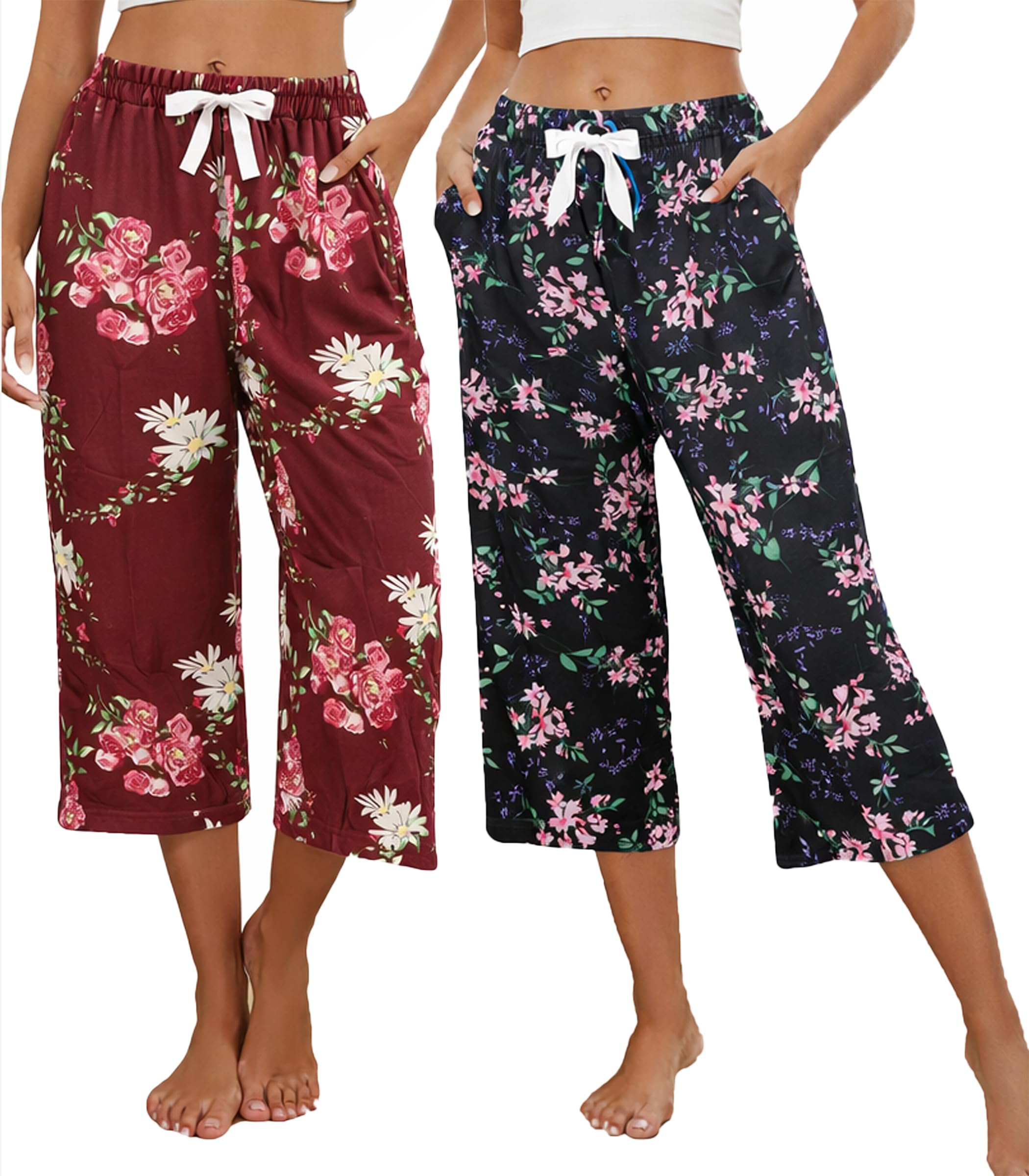 Kabento 2 Pack Womens Pajama Pants Capri Sleep Lounge Pants Drawstring Pj Bottoms with Pockets