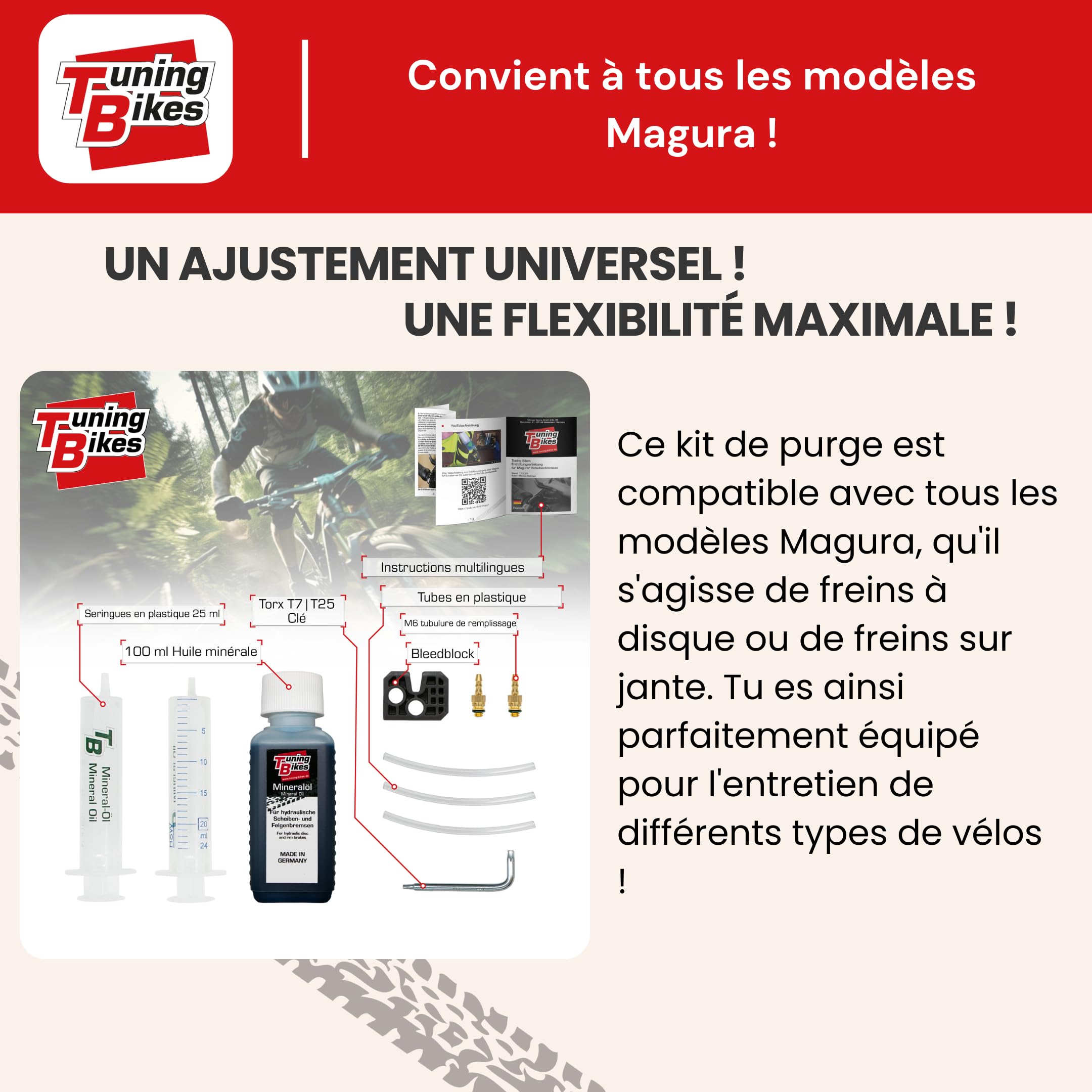 TB Kit de Purge pour Freins à Disque hydrauliques ou sur Jantes Magura - kit de Purge Comprenant Huile minérale/Liquide de Frein - pour Freins de vélo