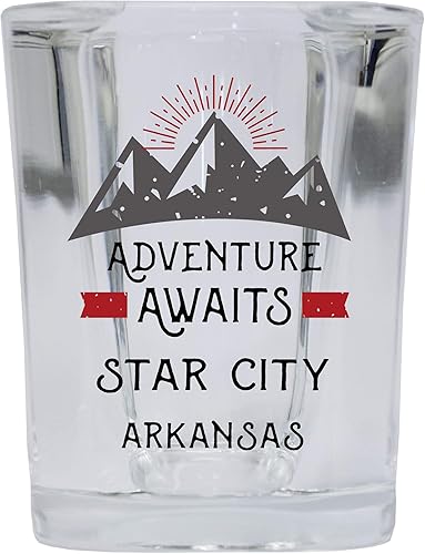Miniatura 2 de Star City Arkansas Souvenir 2 oz Base cuadrada Licor Shot Glass Adventure Awaits Design 4-Pack