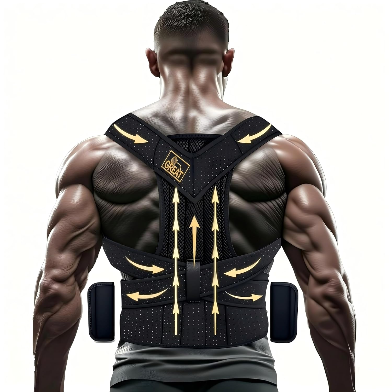LifeLove Adjustable Posture Support Brace for Upper Back & Shoulders, Fits Height Under 200cm & Waist Under 120cm (Shoulder 105cm, Waist 115cm, Back 40cm), One Size (Black Gold, One Size Fits Most)