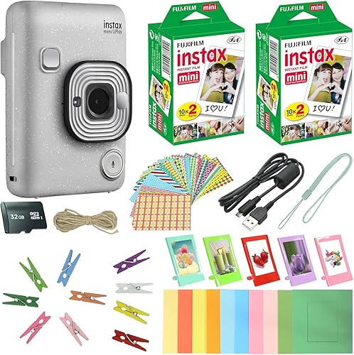 Fujifilm Instax Mini LiPlay - Cámara instantánea híbrida color blanco piedra + película Fuji Instax (40 hojas), paquete de accesorios de 32 GB, 5