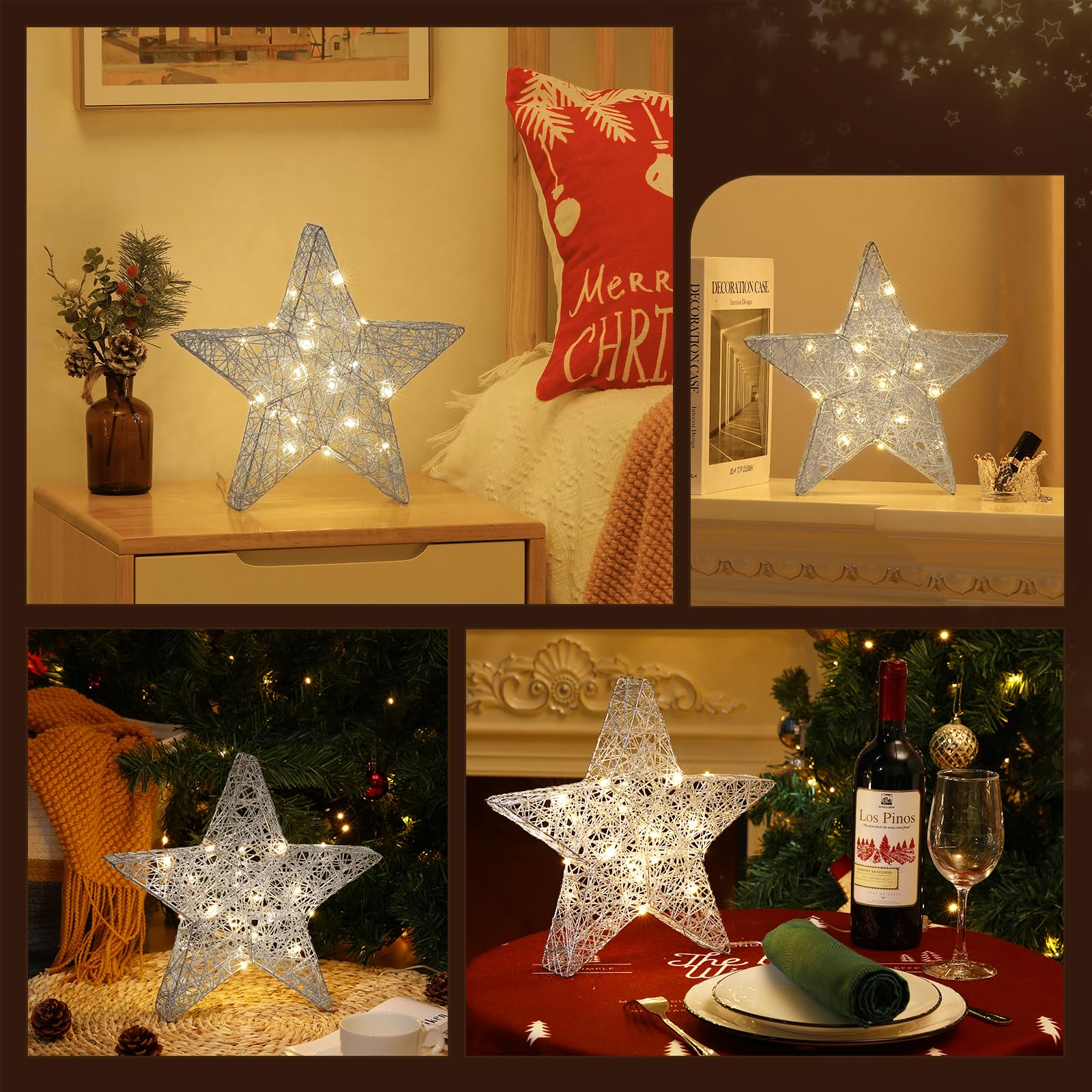 Lewondr Lampada Decorativa a Forma di Stella, Lampada da Scrivania a LED con Luce Calda Decorazione Natalizia per Interni Lampada da Tavolo per Camera da Letto e Soggiorno, Argento
