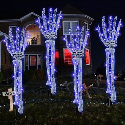 Halloween Decorations Outdoor, 4-Pack Light Up Skeleton Arm Stakes with