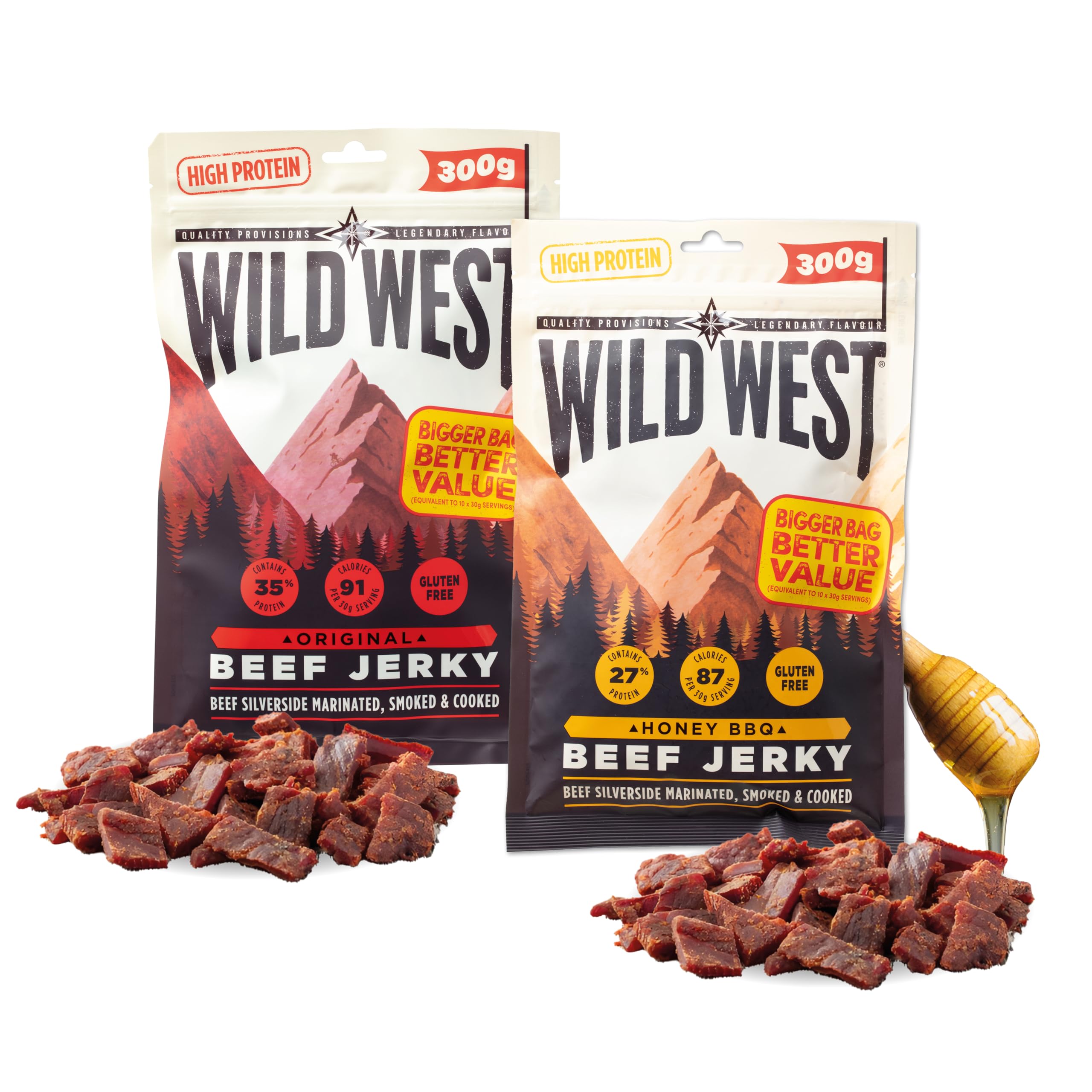 Wild West Beef Jerky, high Protein Trockenfleisch Bundle, Beef Jerky Protein Snack, 300g Honey BBQ & 300g Orginal, Rinderdörrfleisch